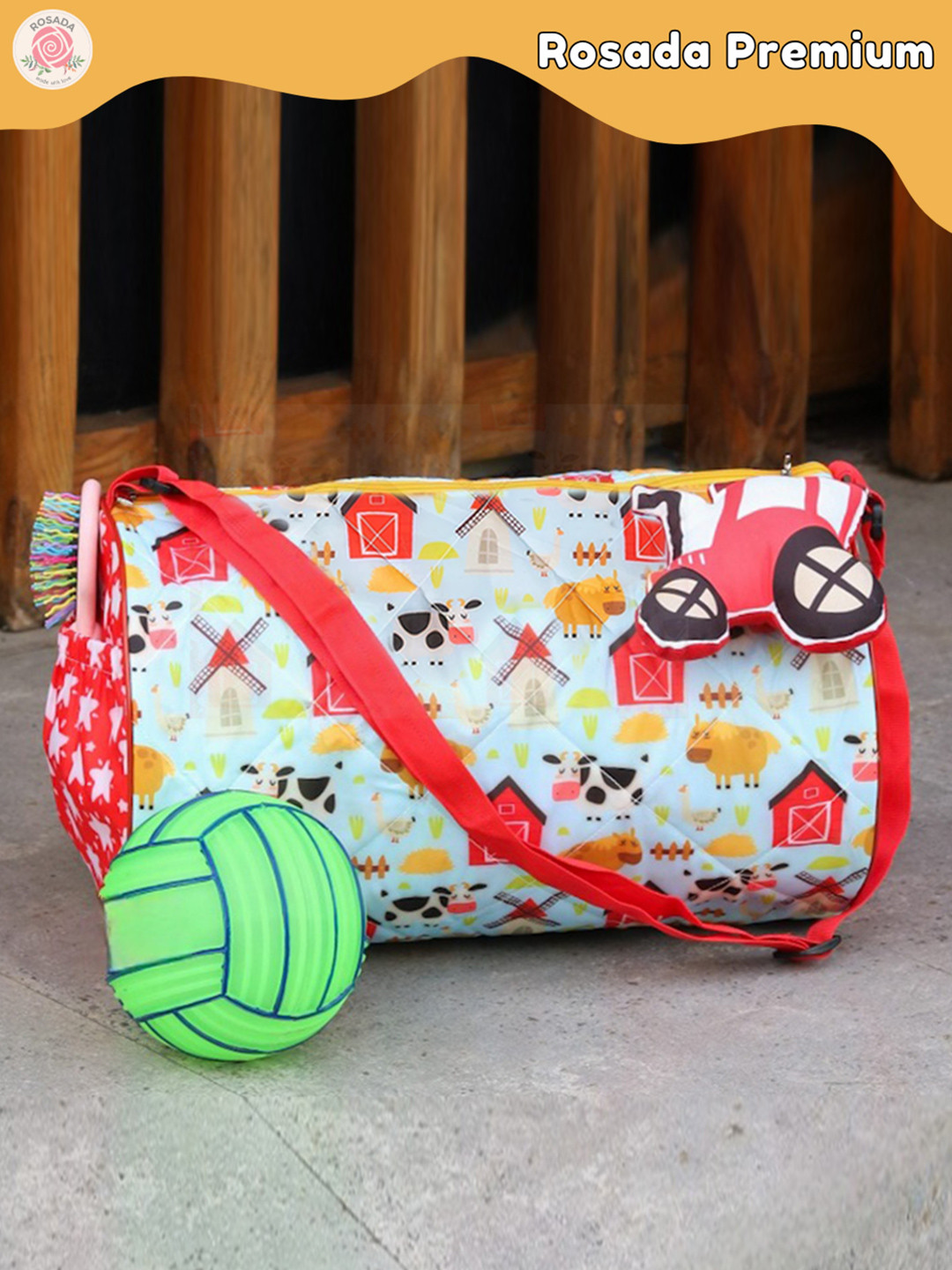ROSADA Kids Farm Animal Printed Duffle Bag With Toy Hanging Keychain