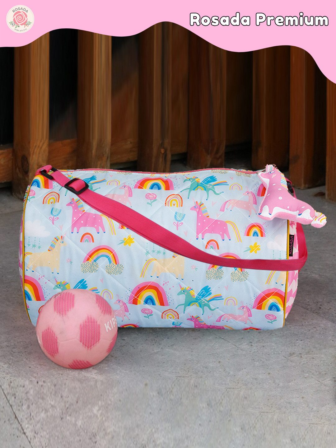 ROSADA Kids Blue Unicorn Printed Duffle Bag With Toy Hanging Keychain