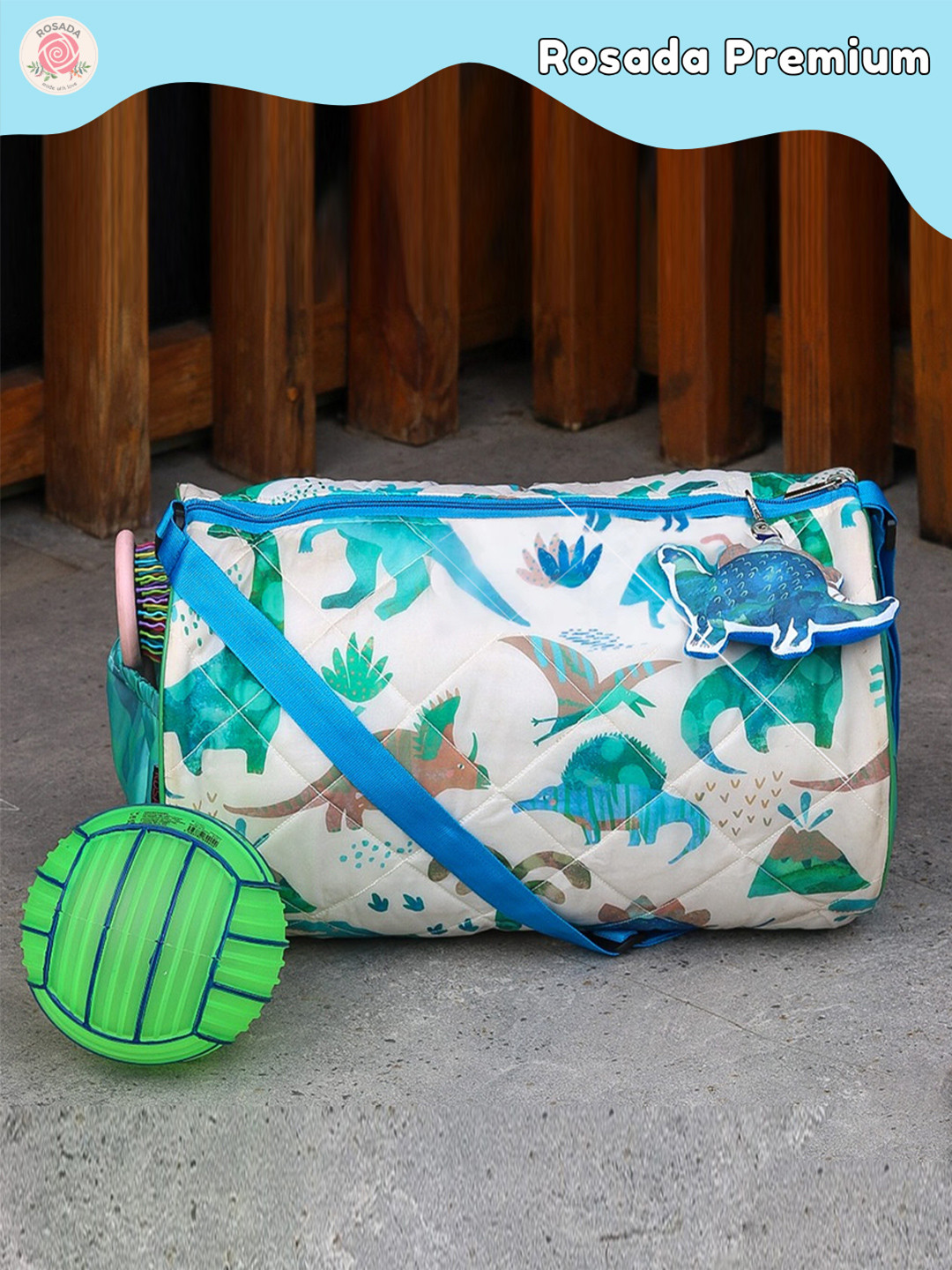 ROSADA Kids White Dino Printed Duffle Bag With Toy Hanging Keychain