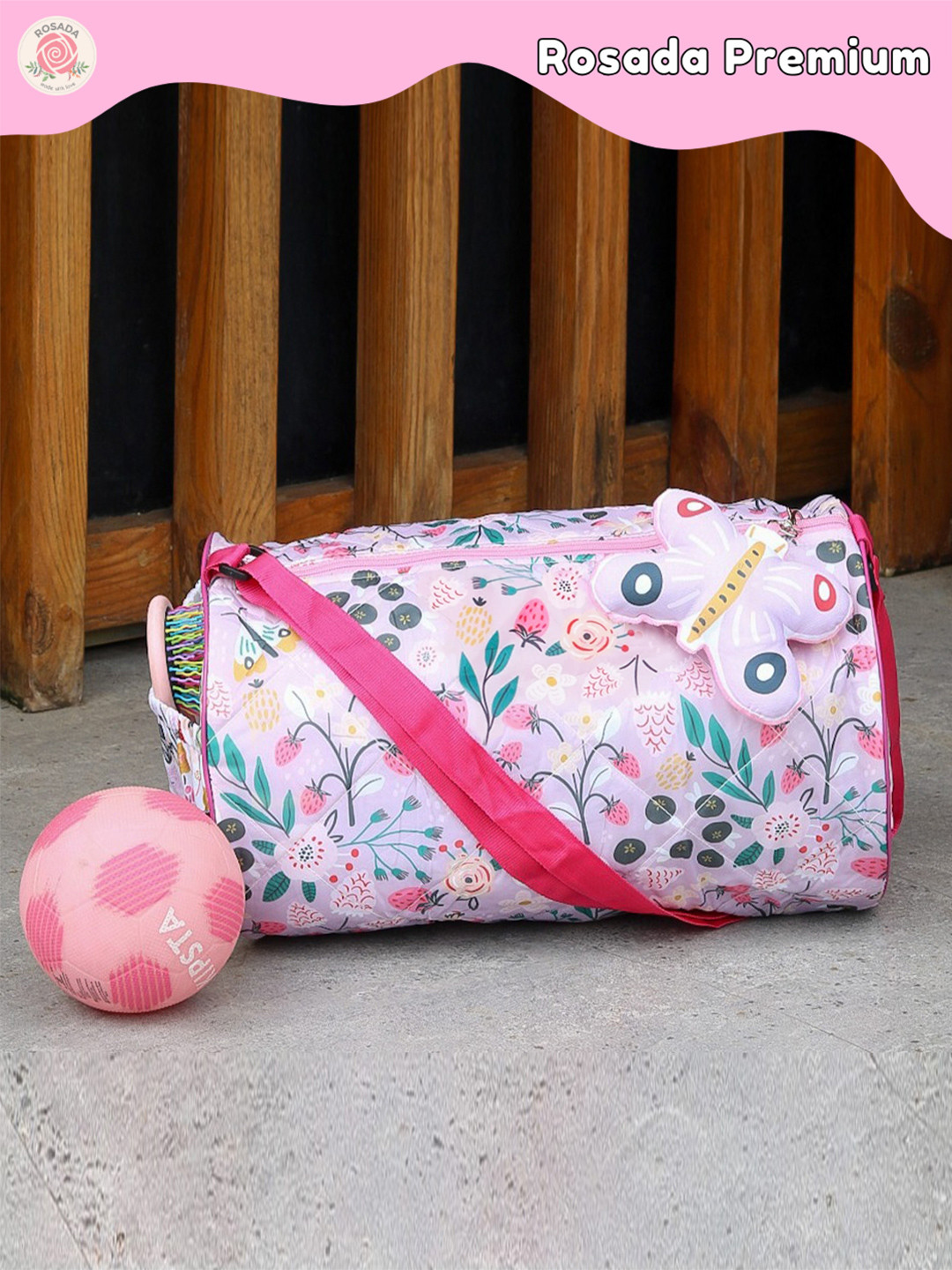 ROSADA Kids Lilac Garden Printed Duffle Bag With Toy Hanging Keychain