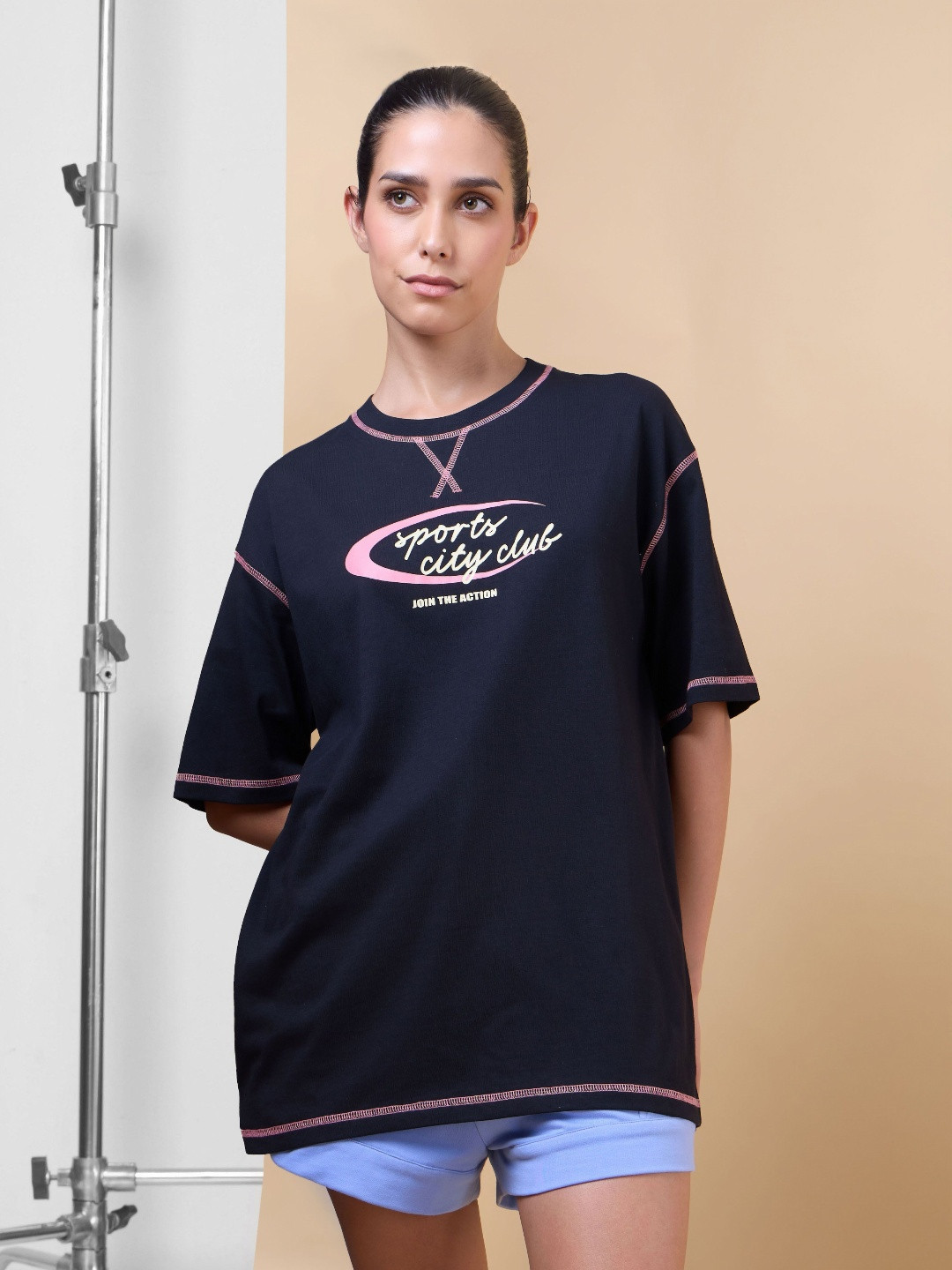 CULT Women Black Sports City Club Oversized T-shirt