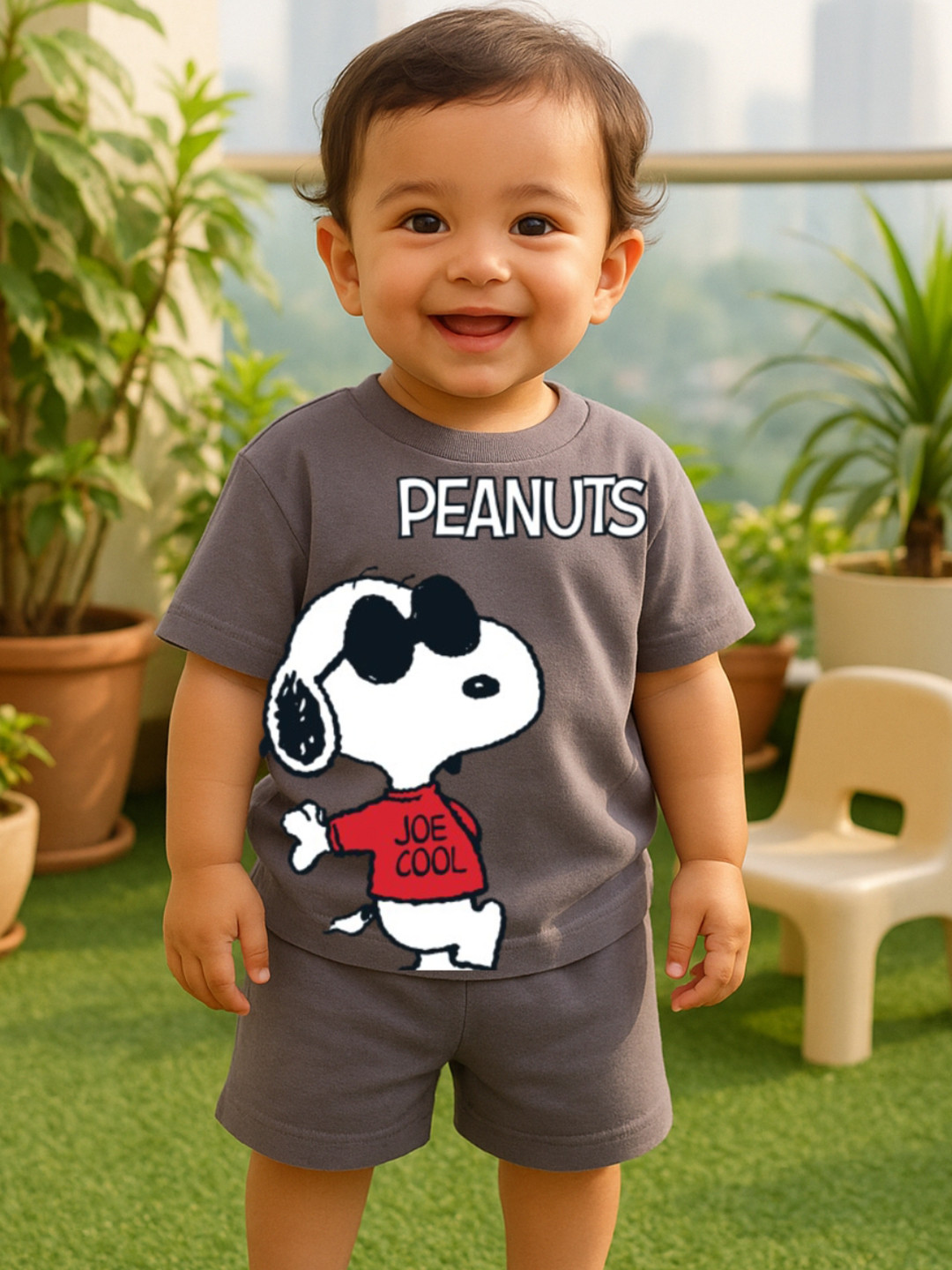 Nap Chief Infants Unisex Peanuts Snoopy Joe Printed Pure Cotton T-Shirt and Cargo Shorts
