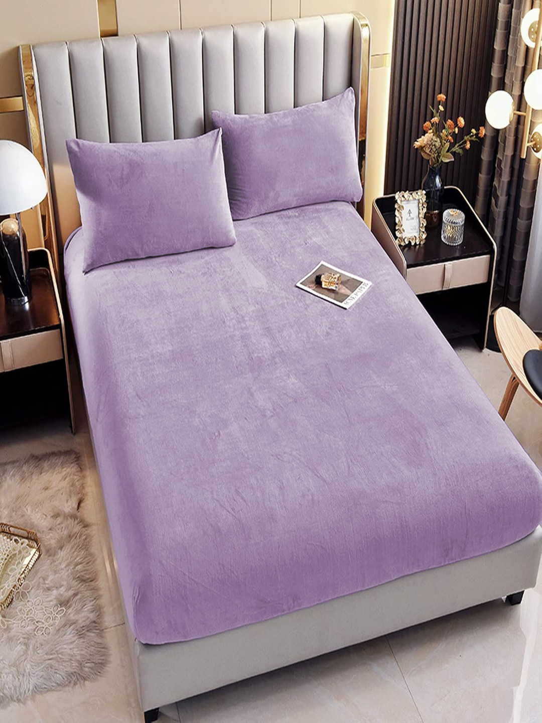 ohello Lavender Velvet Skin-Friendly 380 TC Fitted King Fine Bedsheet with 2 Pillow Covers-72 x 78 inches
