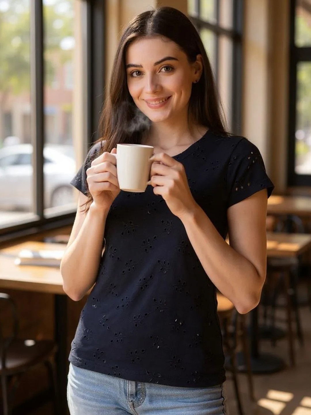 INUKA Women Self Design Round Neck Cotton T-shirt