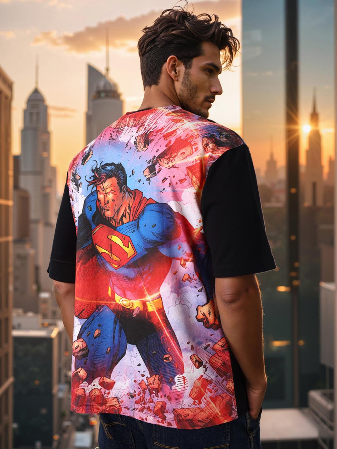 The Indian Garage Co Men Superman Graphic Printed Round Neck Cotton Oversized T-shirt
