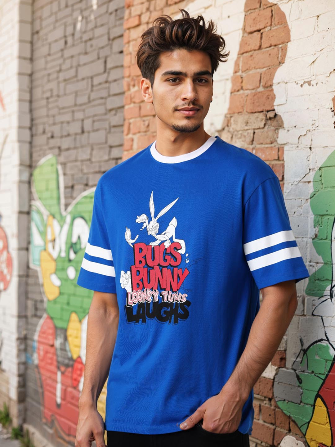 The Indian Garage Co Men Bugs Bunny Graphic Printed Round Neck Cotton Relaxed Fit T-shirt