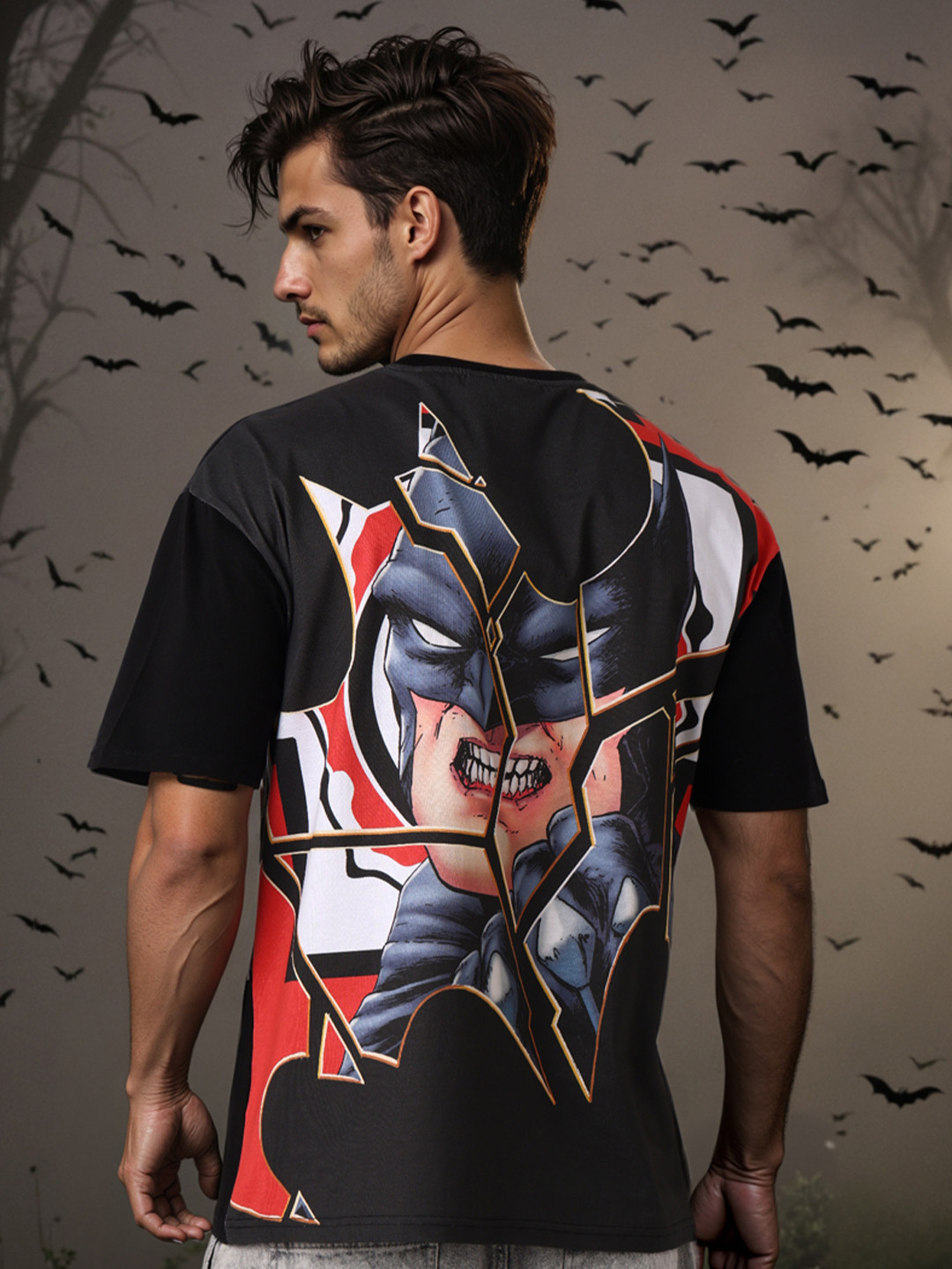 The Indian Garage Co Men Batman Graphic Printed Round Neck Cotton Relaxed Fit T-shirt