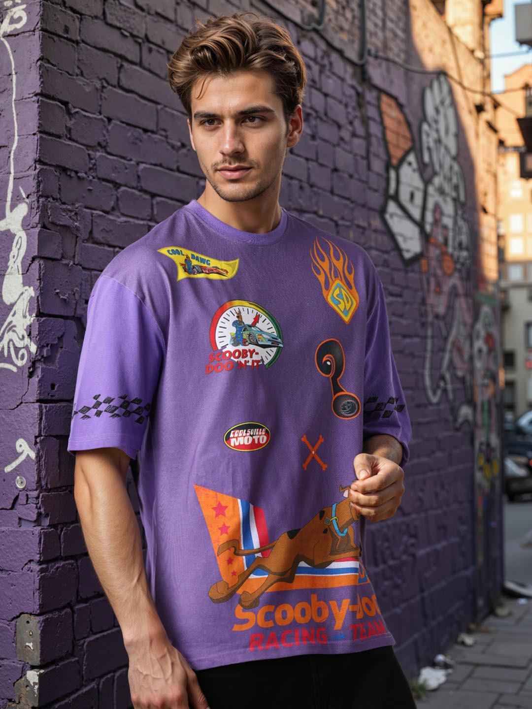 The Indian Garage Co Men Scooby-Doo Graphic Printed Round Neck Cotton Oversized T-shirt
