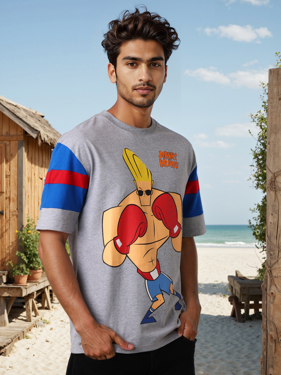 The Indian Garage Co Men Johnny Bravo Graphic Printed Round Neck Cotton Oversized T-shirt