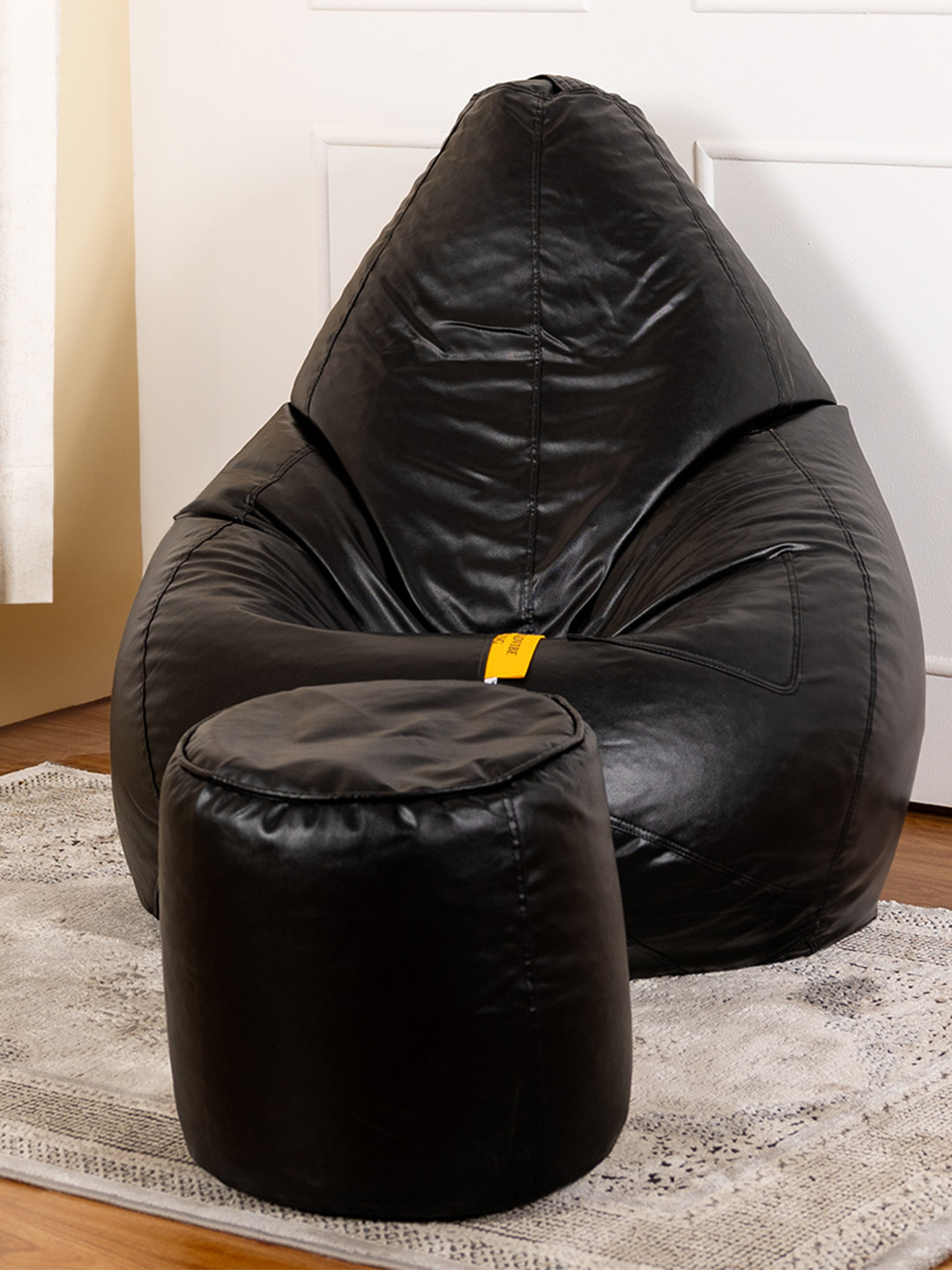 THREADVIBE LIVING Black 2 Pieces Tear Drop Bean Bag With Footrest Filled