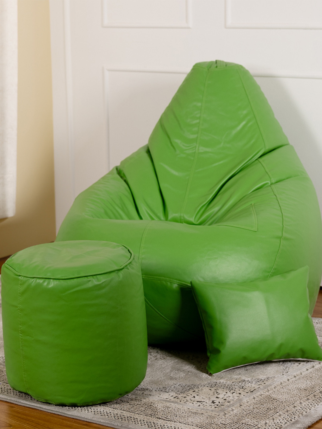 THREADVIBE LIVING Green 3 Pieces Teardrop Filled Bean Bag With Footrest & Cushions