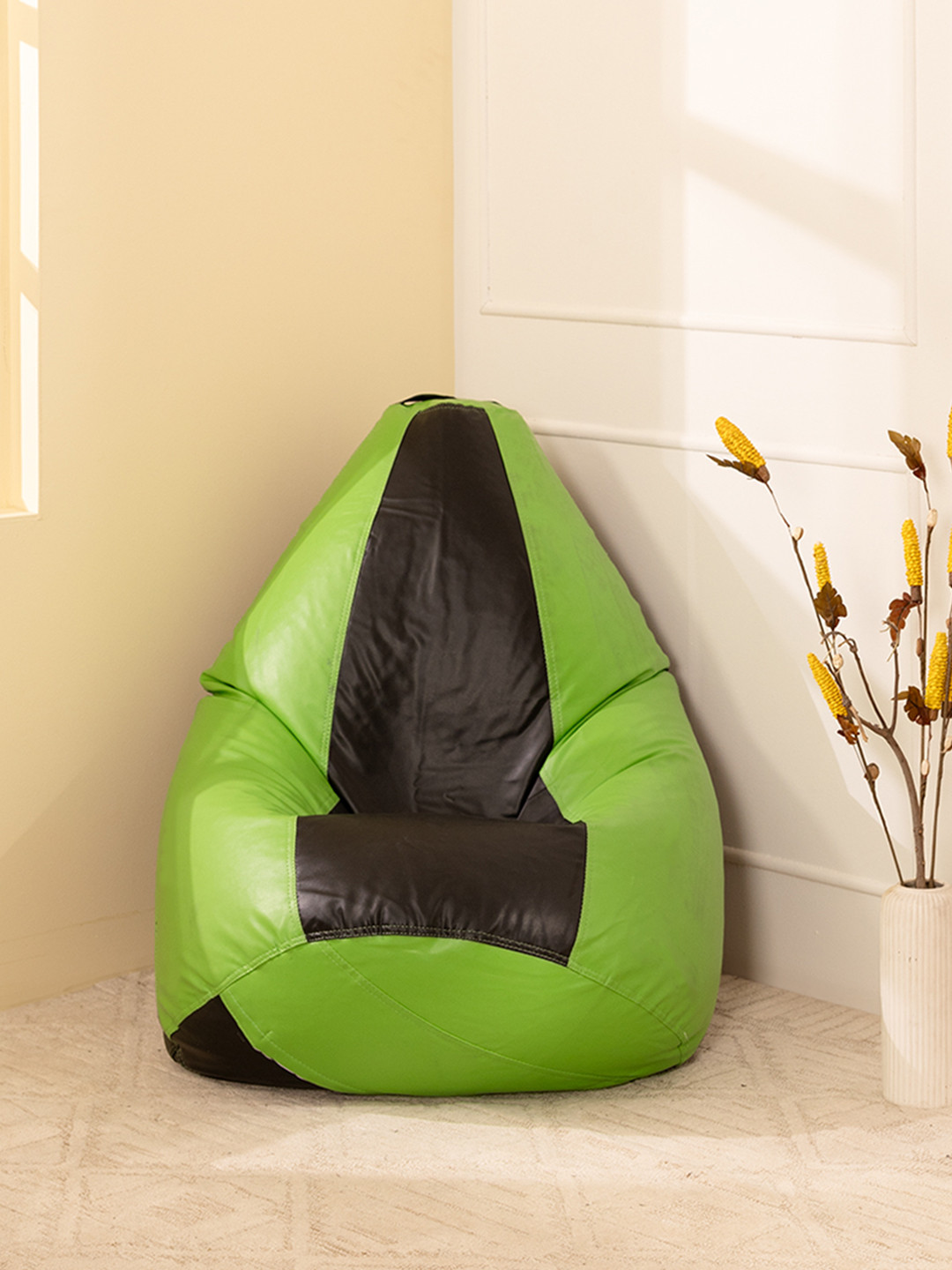 THREADVIBE LIVING Green & Black Double Shaded Teardrop Bean Bag With Beans