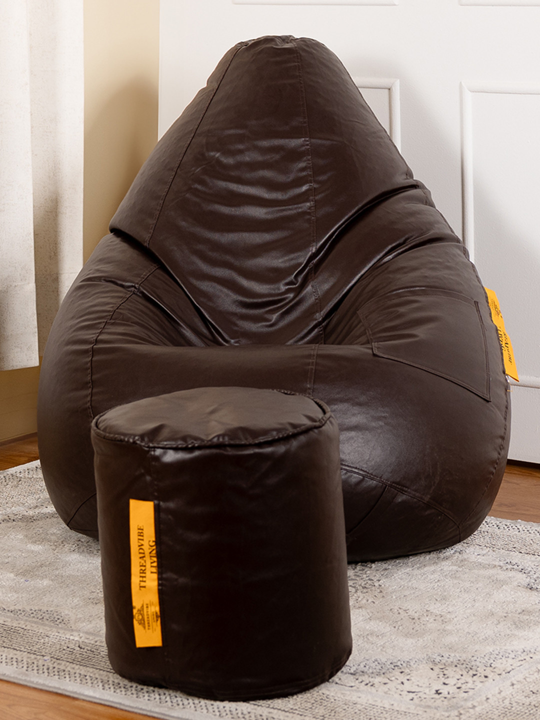 THREADVIBE LIVING Brown Tear Drop Bean Bag With Footrest