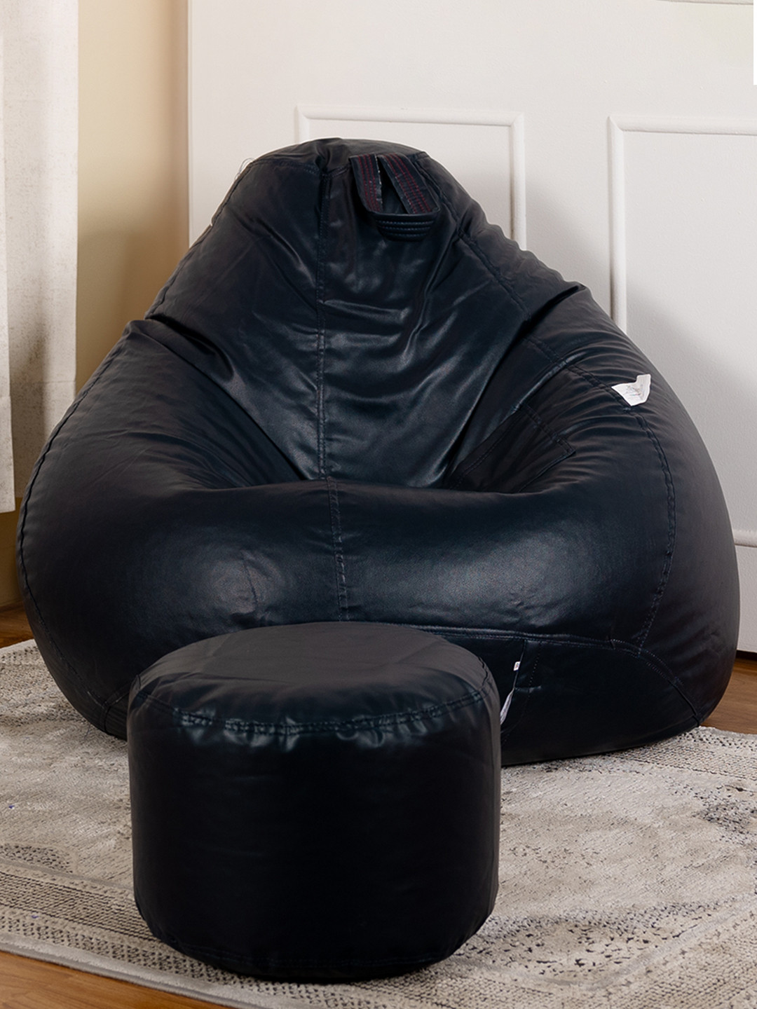 THREADVIBE LIVING Navy Blue 2 PiecesTear Drop Bean Bag With Footrest Filled