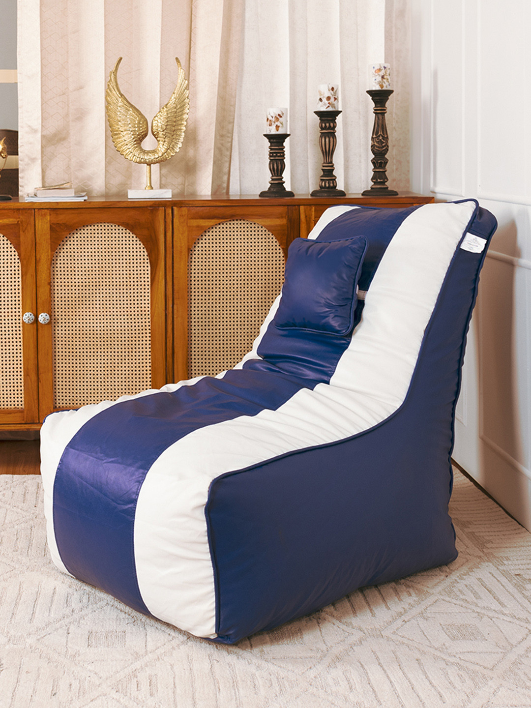 THREADVIBE LIVING Blue & White Double Shaded Lounger Bean Bag With Beans