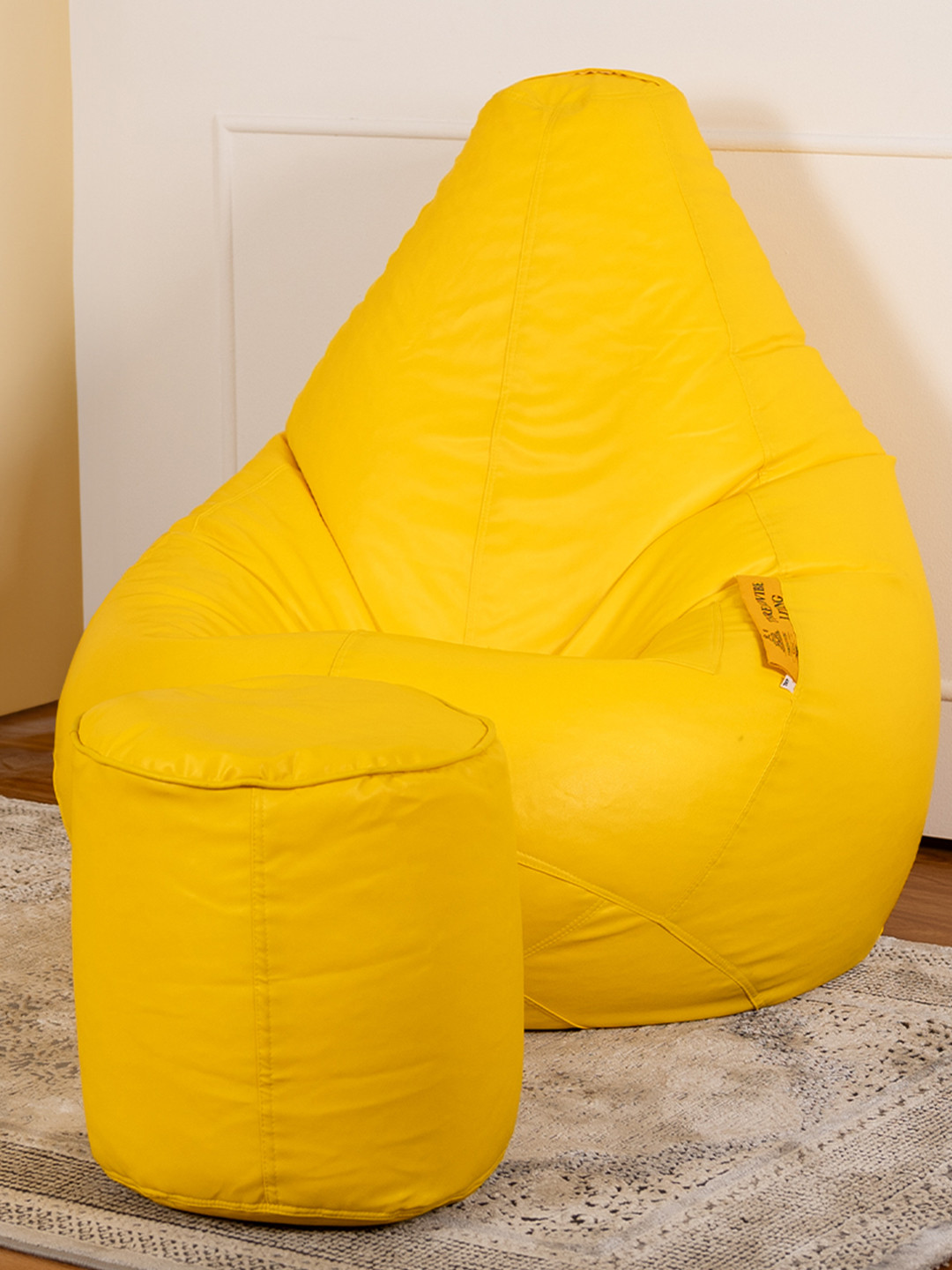 THREADVIBE LIVING Yellow Teardrop Filled Bean Bag With Footrest