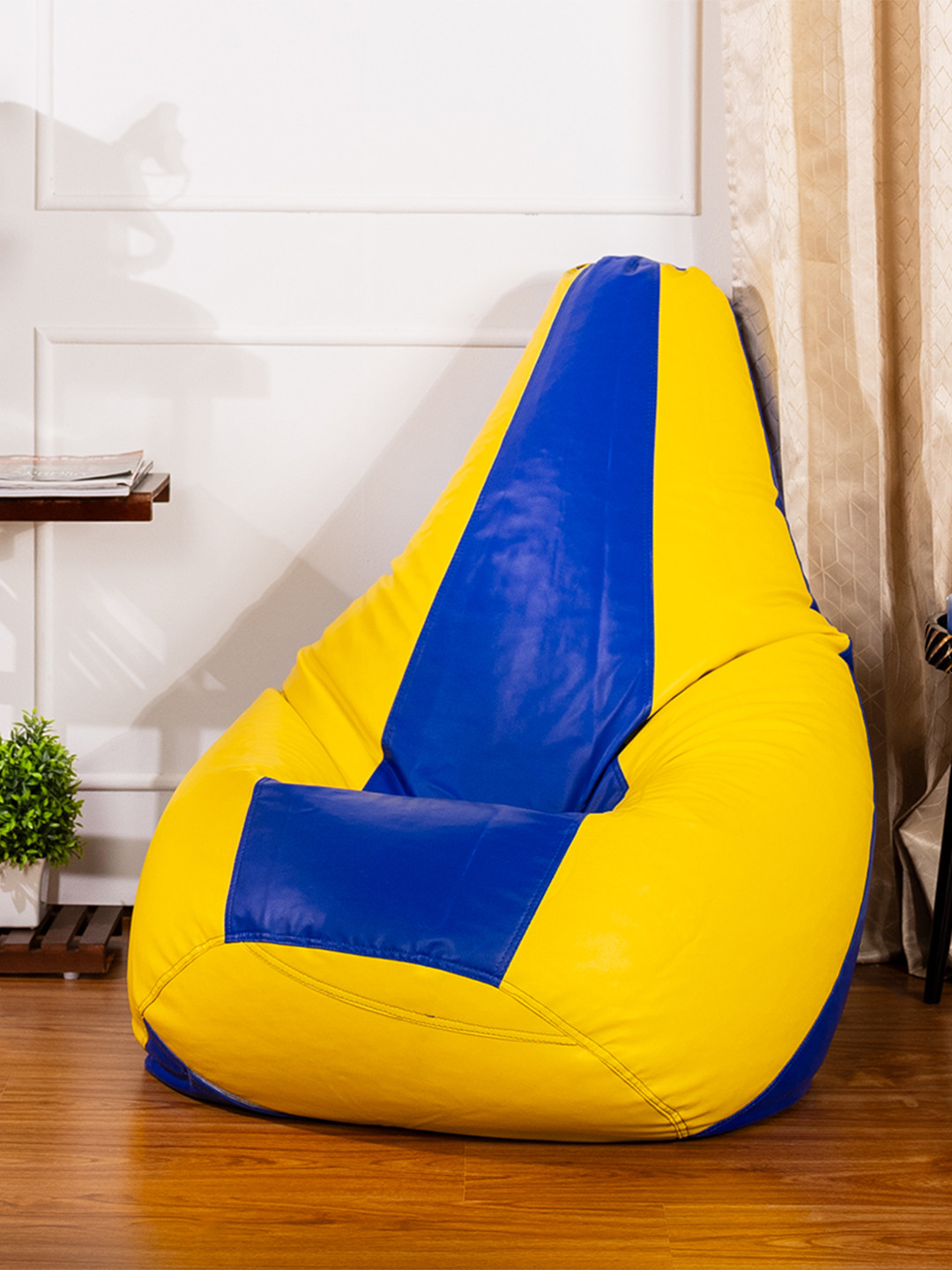 THREADVIBE LIVING Blue & Yellow Double Shaded Teardrop Bean Bag With Beans