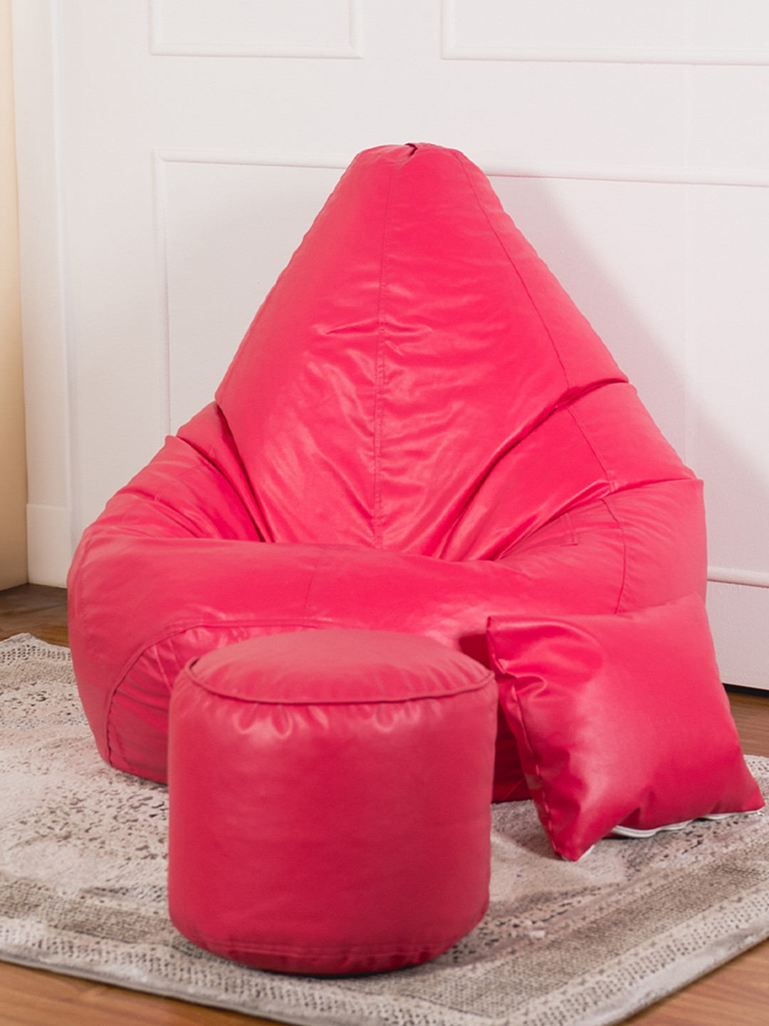 THREADVIBE LIVING Pink 3 Pieces Teardrop Filled Bean Bag With Footrest & Cushions