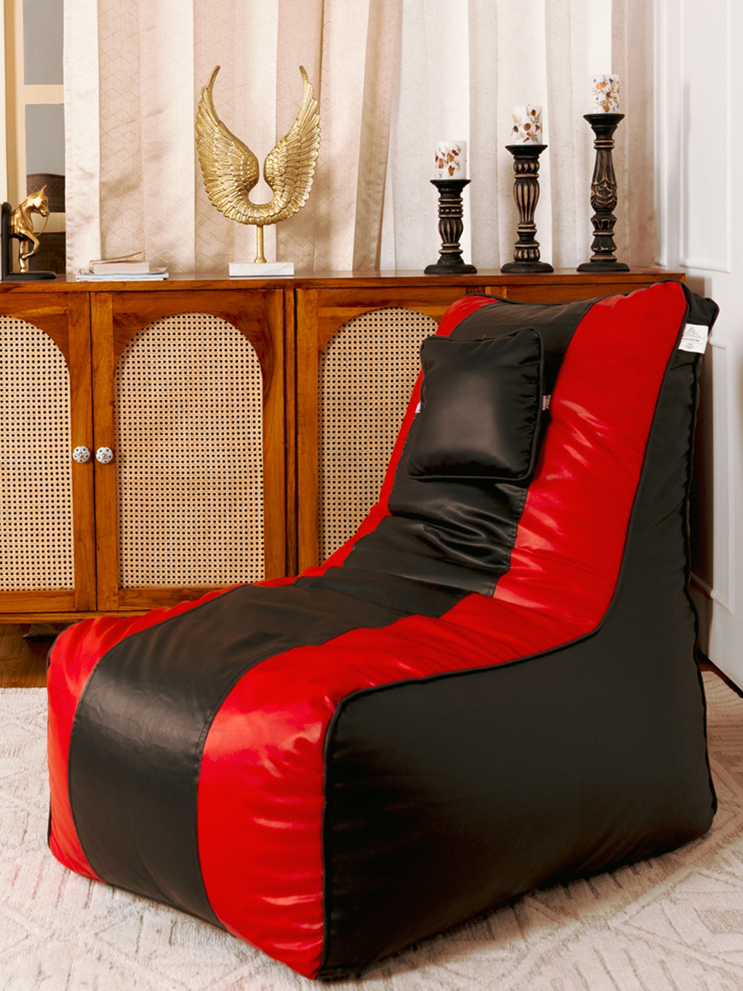 THREADVIBE LIVING Red & Black Double Shaded Lounger Bean Bag With Beans