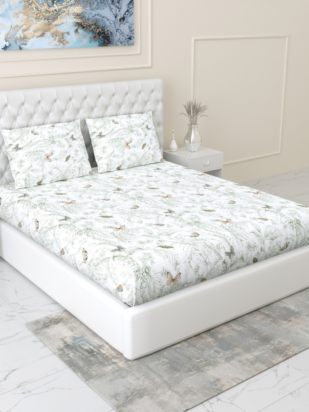 haus & kinder SS 25 Green Printed Cotton 144 TC Fitted King Bedsheet Set 1.98 x 1.89 m