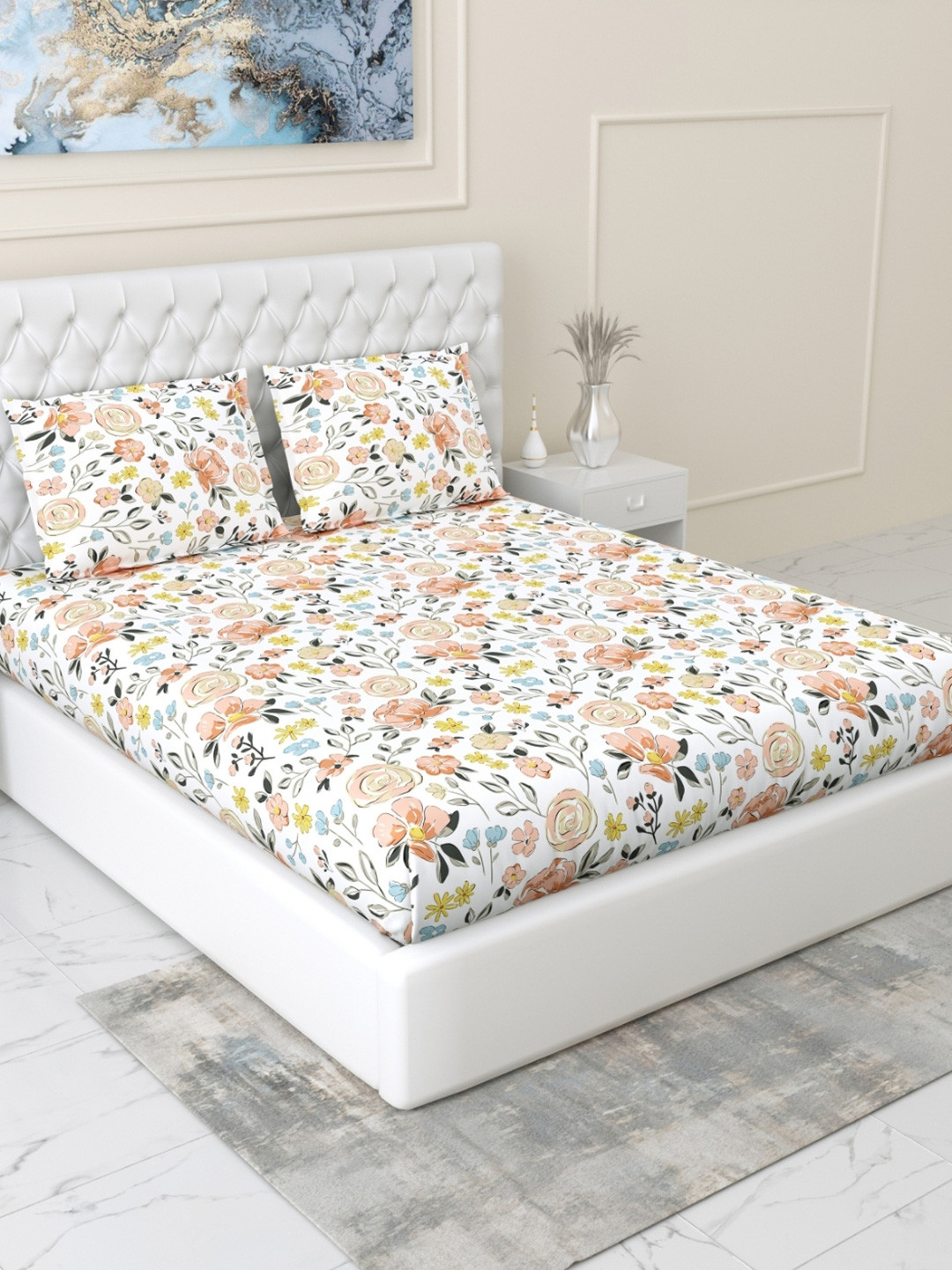 haus & kinder SS 25 White Printed Cotton 144 TC Fitted King Bedsheet Set 1.98 x 1.89 m