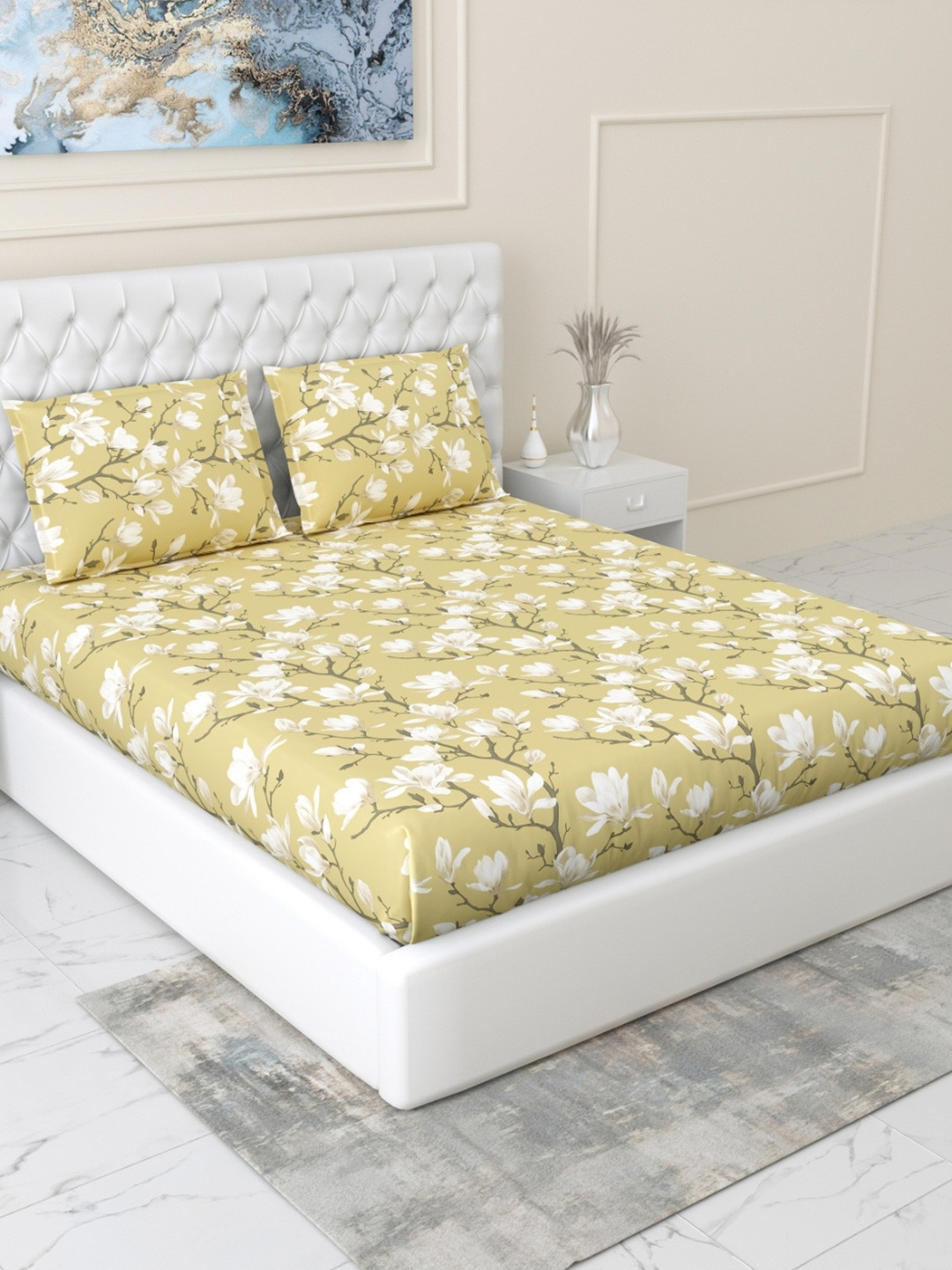 haus & kinder SS 25 Yellow Printed Cotton 144 TC Fitted Queen Bedsheet Set1.98 x 1.52 m