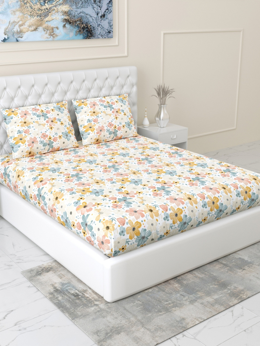 haus & kinder SS 25 White Printed Cotton 144 TC Fitted Queen Bedsheet Set1.98 x 1.52 m