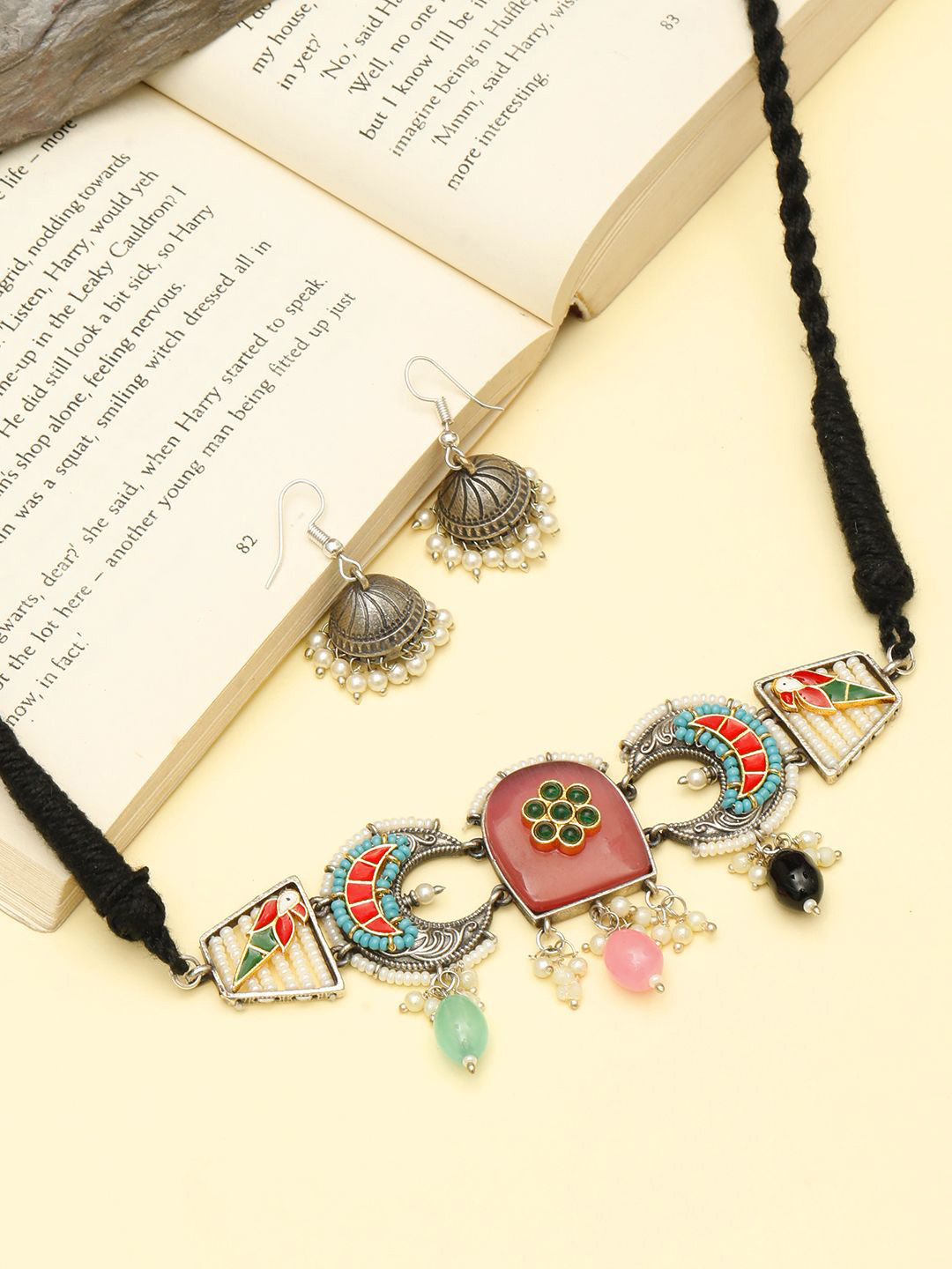 VIVAZS Silver-Plated Artificial Beaded Oxidized Jewellery Set