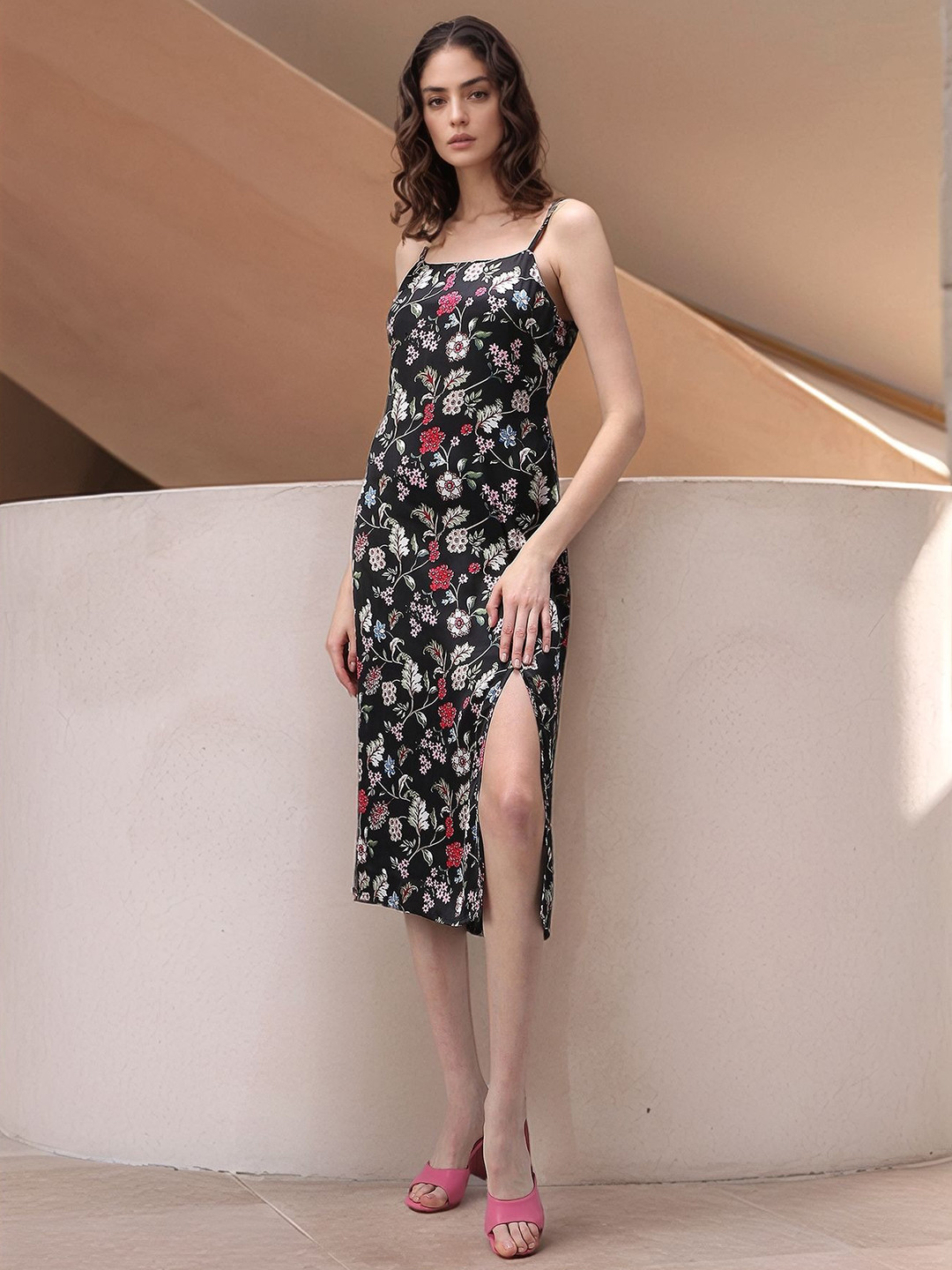 Outzidr Multi Side Slit Satin Dress