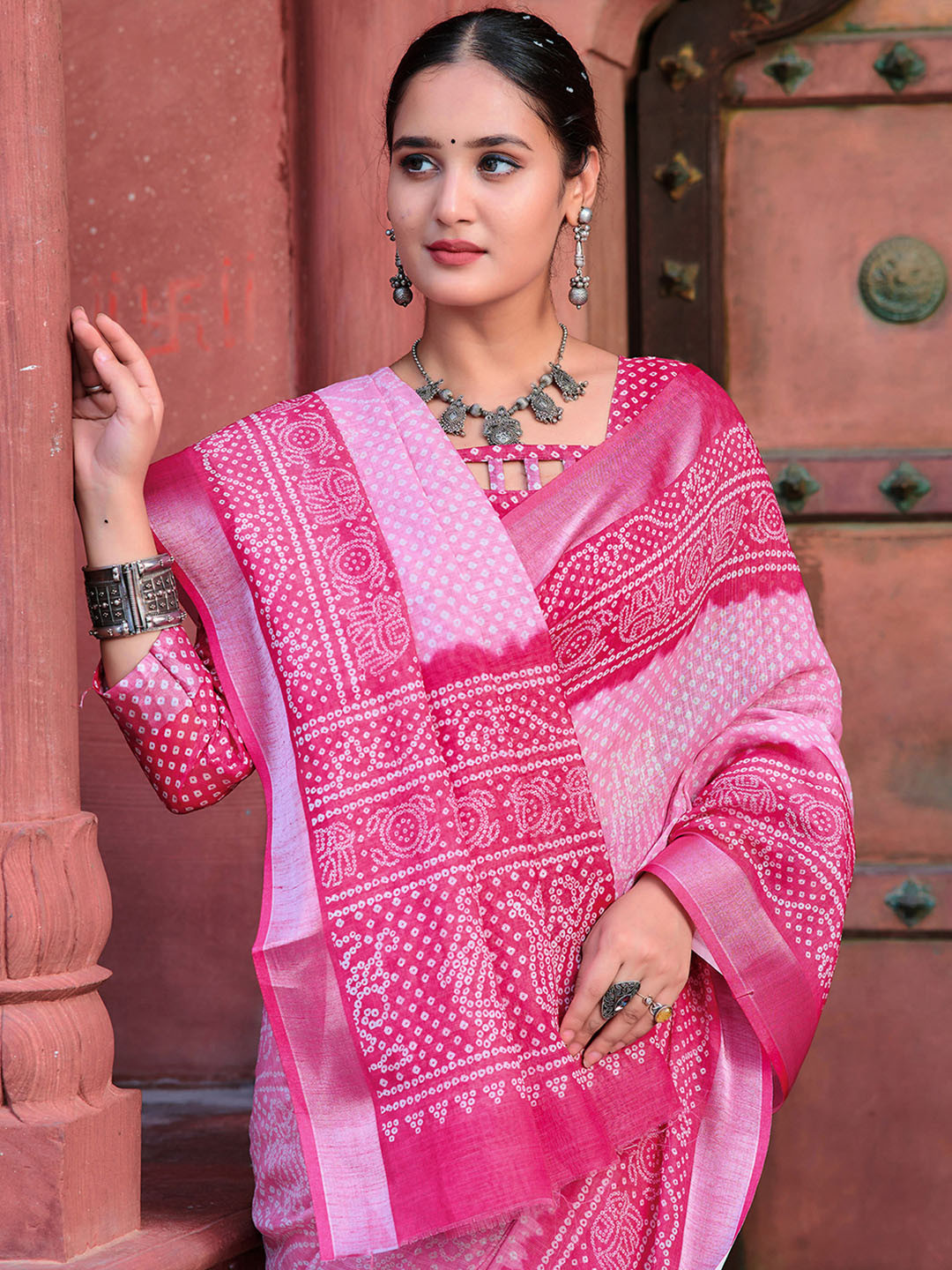 KALINI Bandhani Zari Linen Kota Saree With Unstitched Blouse Piece