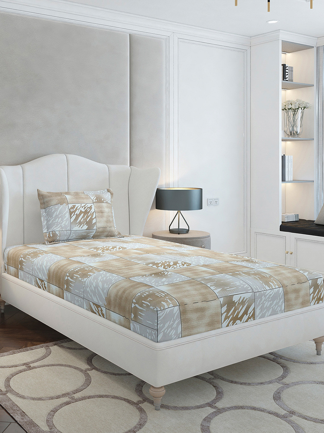 Monte Carlo Beige Geometric Cotton 104 TC Single Coarse Bedsheet with a Pillow Cover-152 x 224 cm