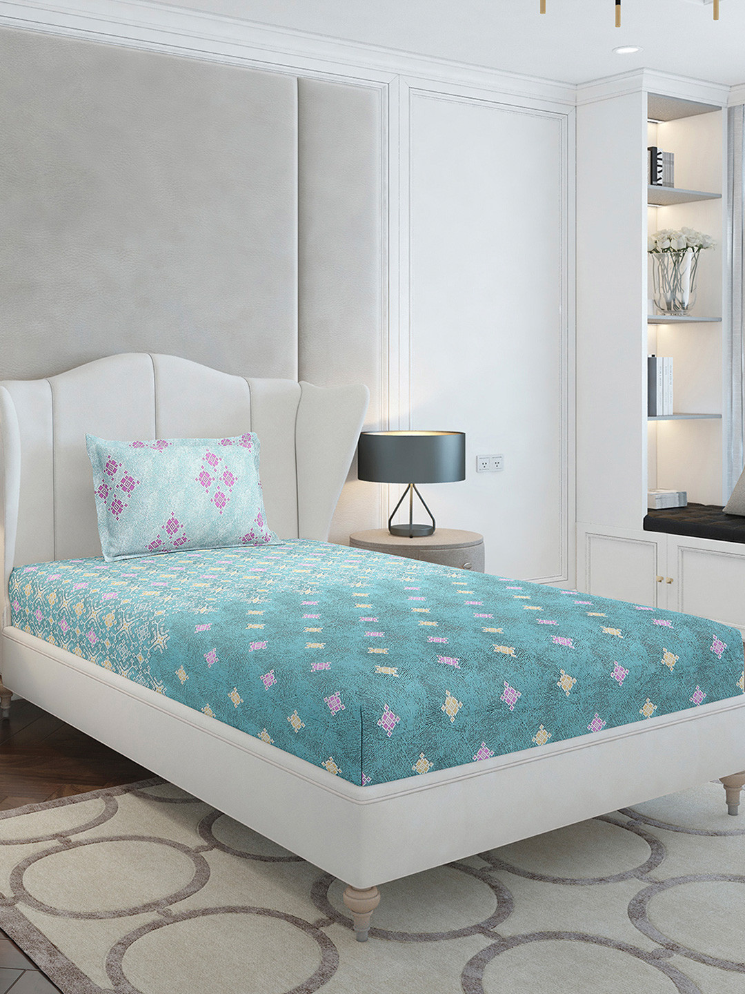 Monte Carlo Sea Green Ethnic Motifs Cotton 144 TC Single Bedsheet with a Pillow Cover-60 x 90 inches