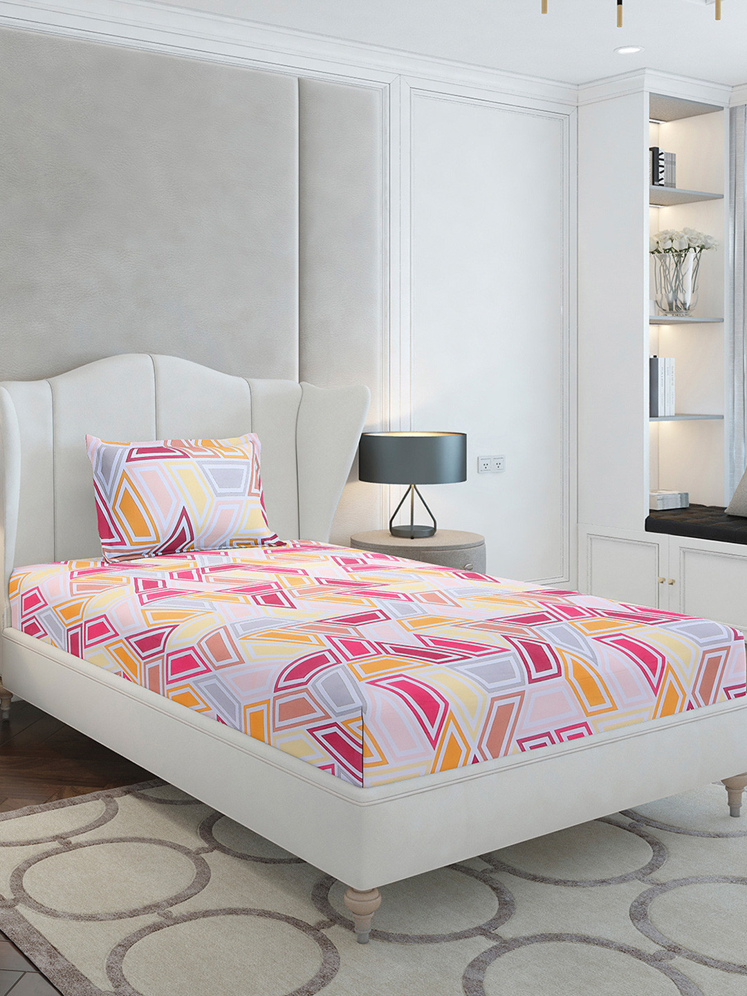 Monte Carlo Magenta Geometric Cotton 104 TC Single Coarse Bedsheet with a Pillow Cover-88 x 60 inches