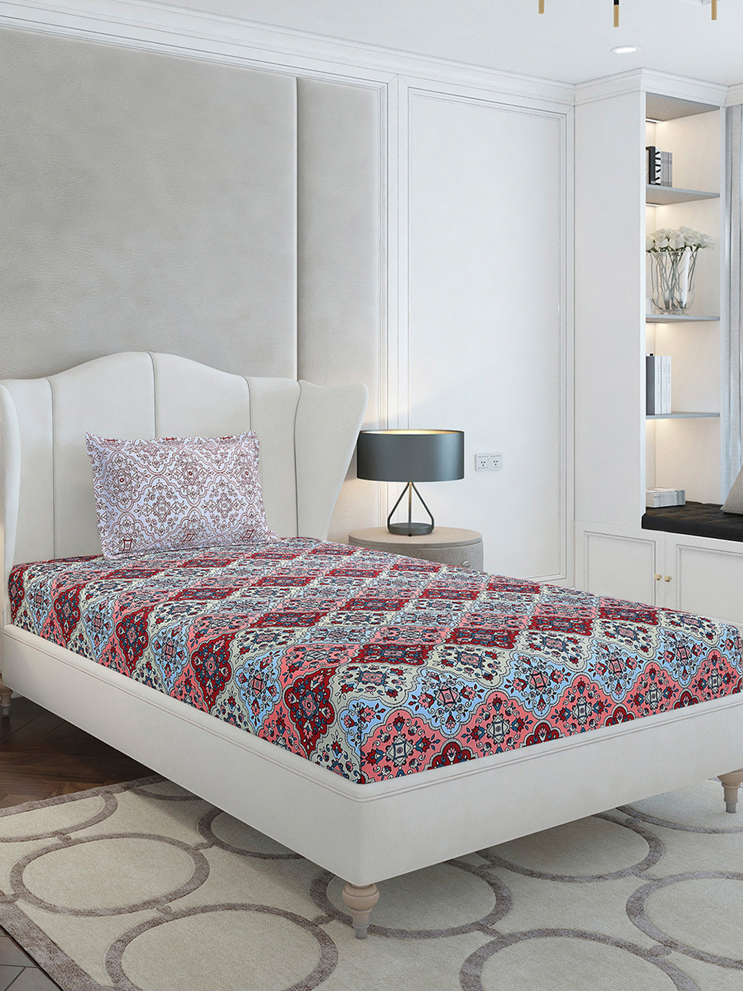 Monte Carlo Maroon Ethnic Motifs Cotton Super Soft 144 TC Single Bedsheet with a Pillow Cover-60 x 90 inches
