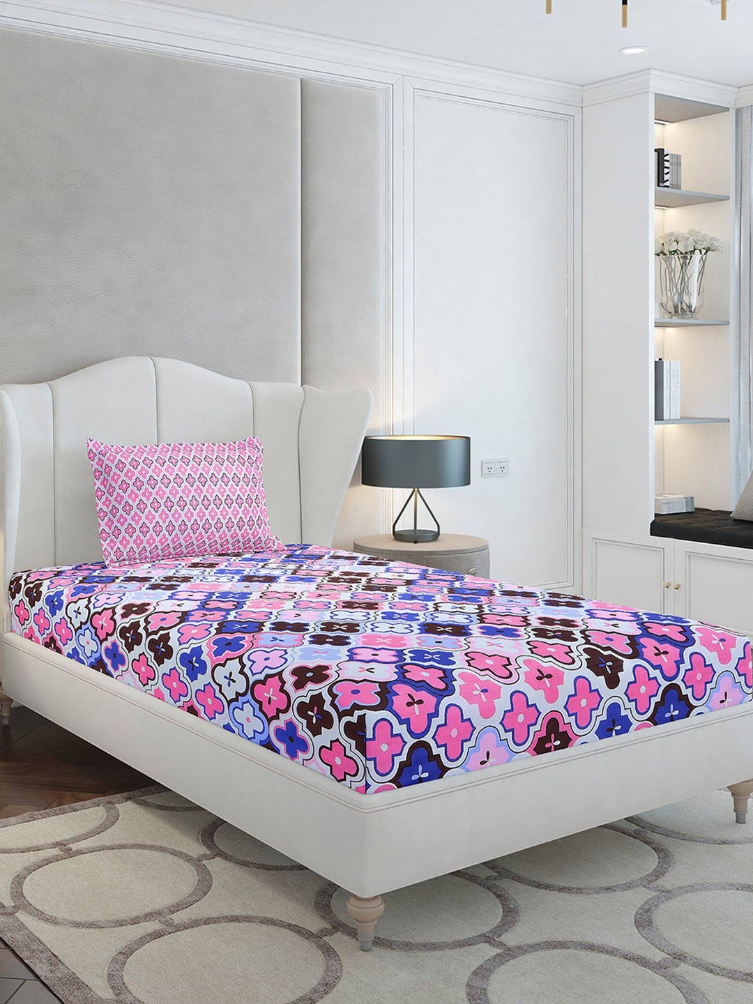 Monte Carlo Purple Floral Cotton 144 TC Single Bedsheet with a Pillow Cover-60 x 90 inches