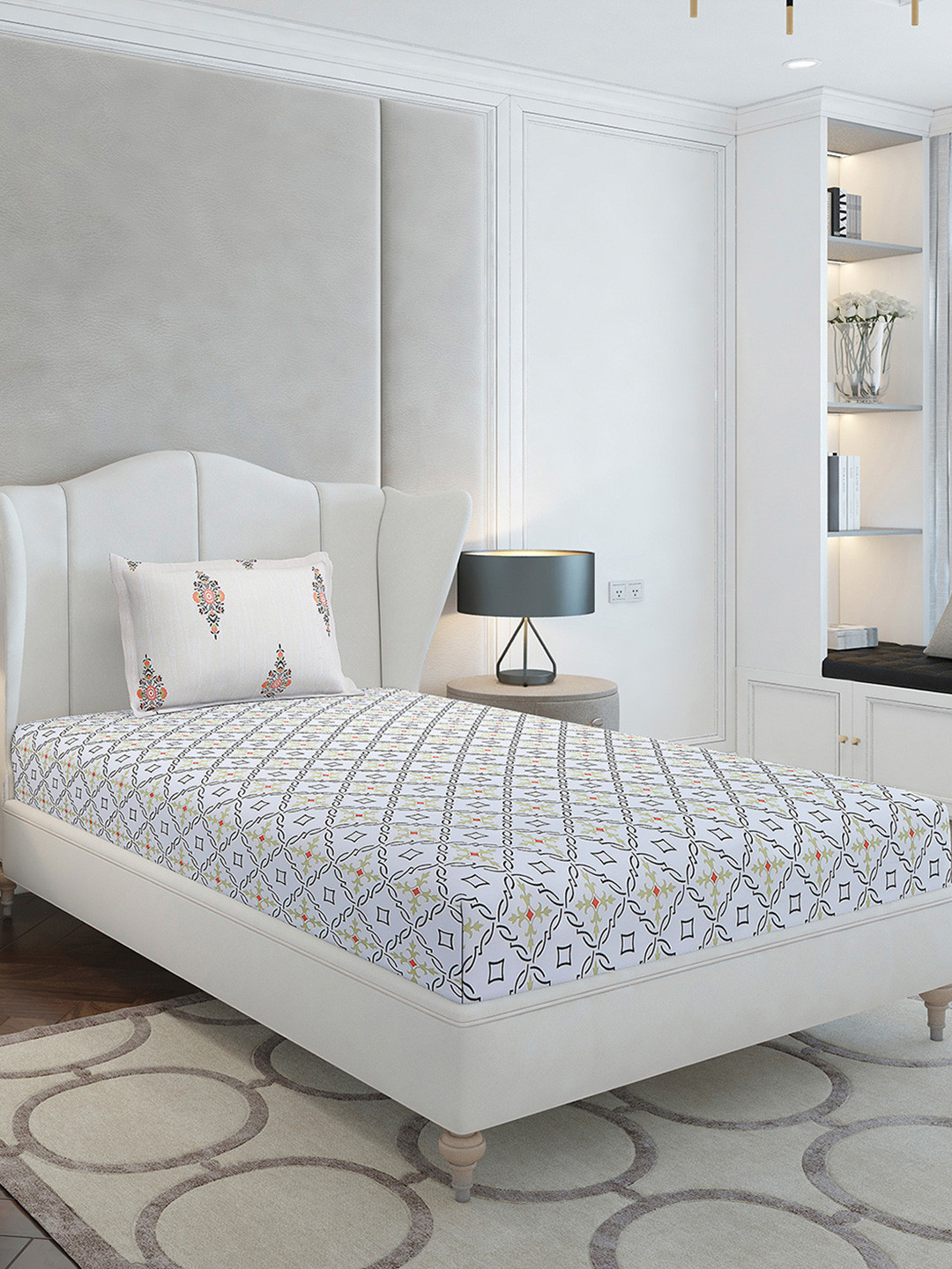 Monte Carlo Grey Ethnic Motifs Cotton 144 TC Single Bedsheet with a Pillow Cover-60 x 90 inches