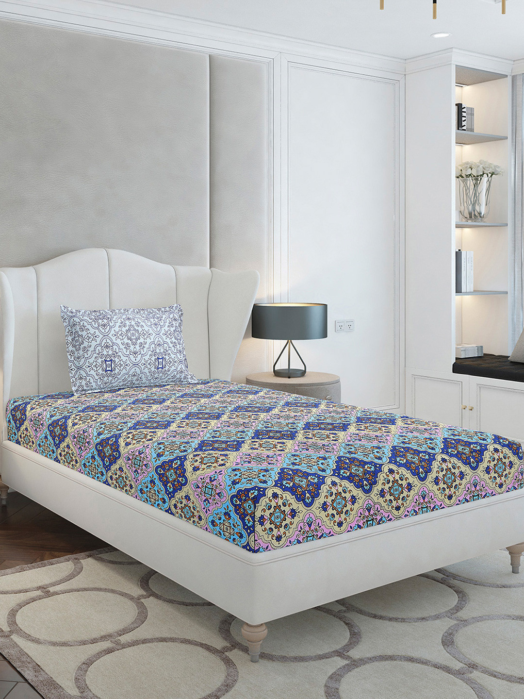 Monte Carlo Blue Ethnic Motifs Cotton 144 TC Single Bedsheet with a Pillow Cover-60 x 90 inches