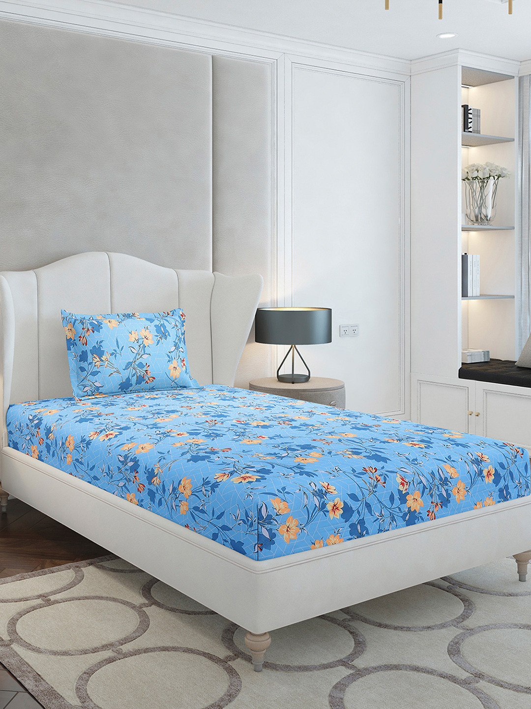 Monte Carlo Blue Floral Cotton 104 TC Single Bedsheet with a Pillow Cover-60 x 88 inches