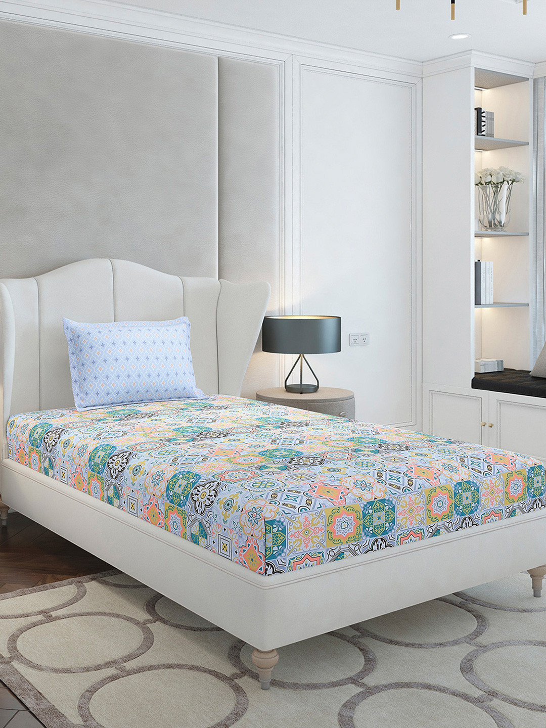 Monte Carlo White Ethnic Motifs Polyester Breathable 144 TC Single Bedsheet with a Pillow Cover-60 x 90 inches