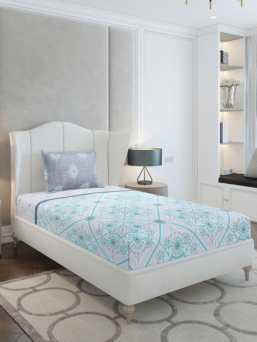 Monte Carlo White Floral Cotton 144 TC Single Bedsheet with a Pillow Cover-60 x 90 inches