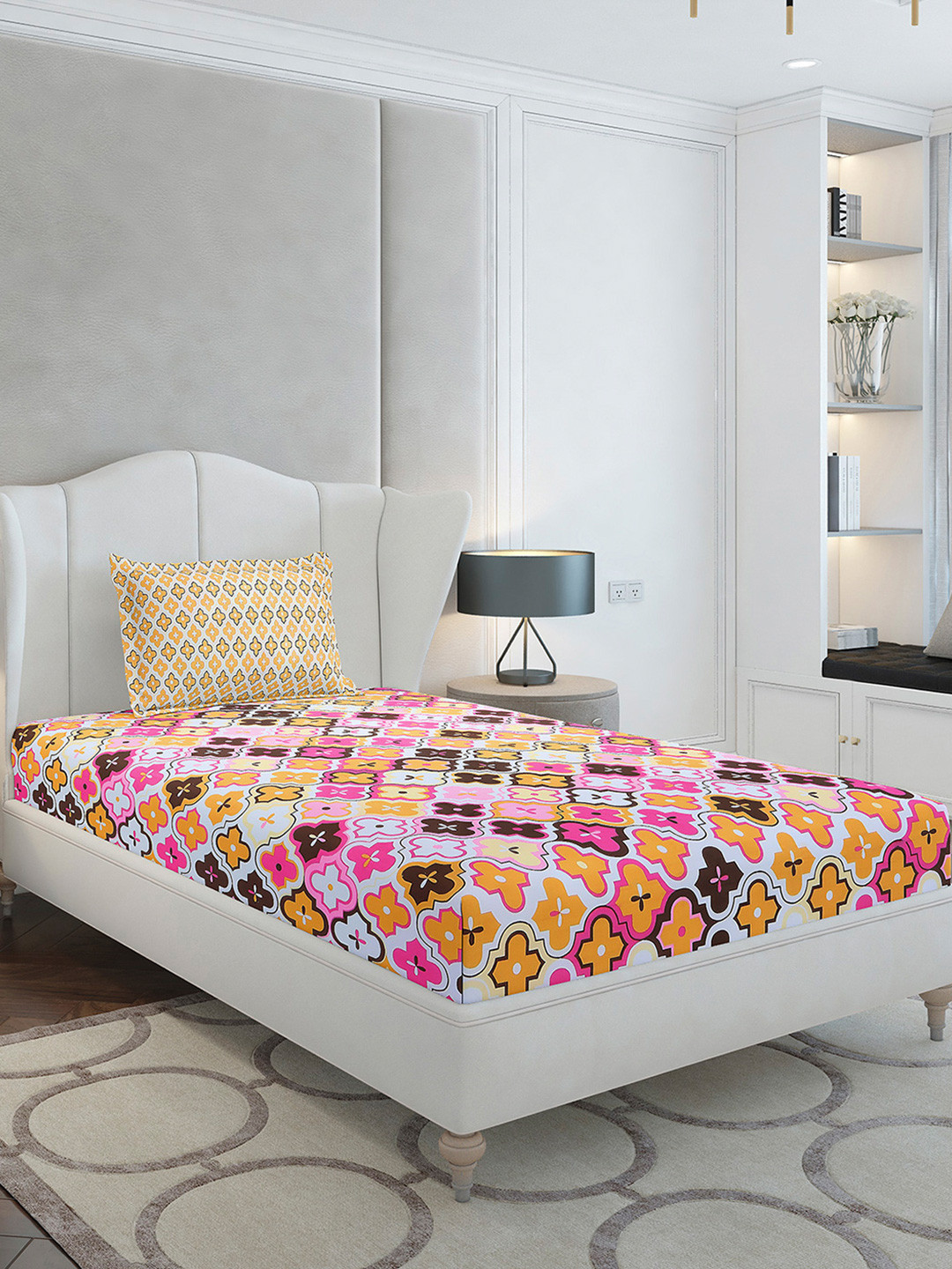 Monte Carlo White Floral Cotton 144 TC Single Bedsheet with a Pillow Cover-60 x 90 inches