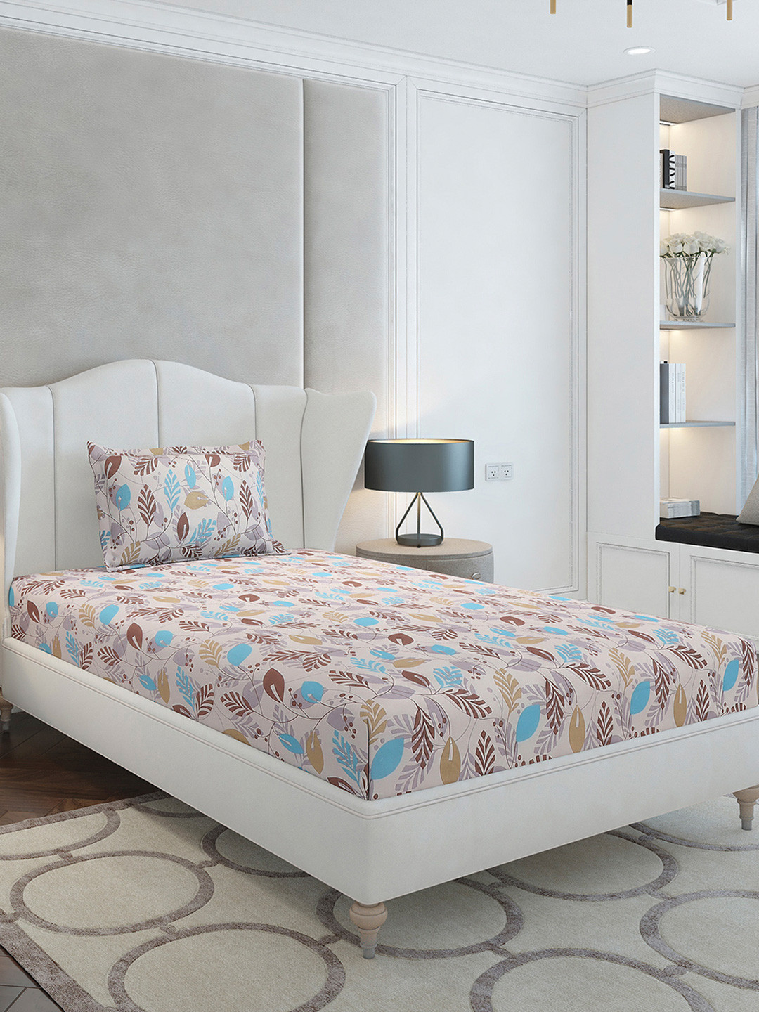 Monte Carlo Beige Leaf Cotton Breathable 104 TC Single Coarse Bedsheet with a Pillow Cover-152 x 224 cm