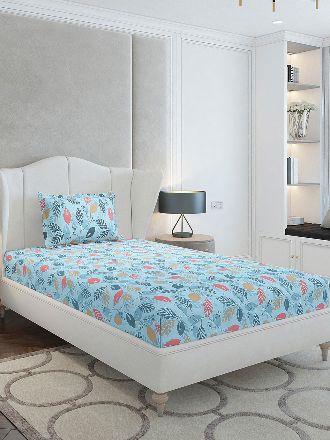 Monte Carlo Blue Leaf Cotton Breathable 104 TC Single Bedsheet with a Pillow Cover-60 x 88 inches