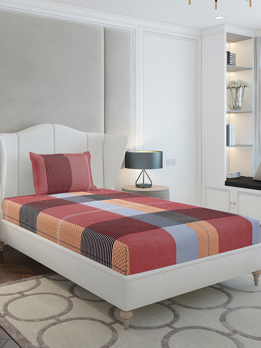 Monte Carlo Red & Grey Geometric Printed 130 TC Single Bedsheet Set-2.30 m x 1.60 m