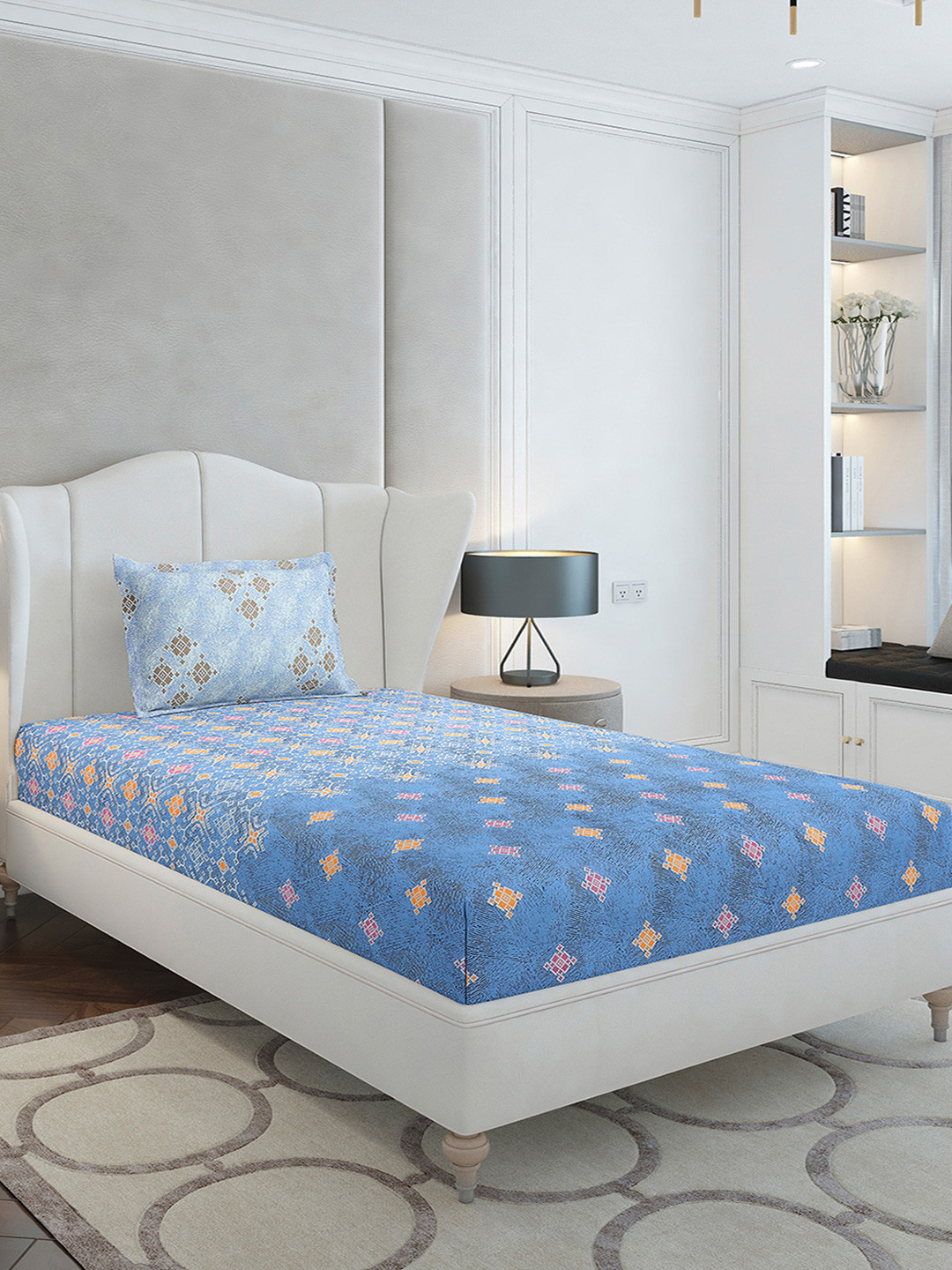 Monte Carlo Circus Blue Ethnic Motifs Cotton 144 TC Single Bedsheet with a Pillow Cover-152 x 229 cm
