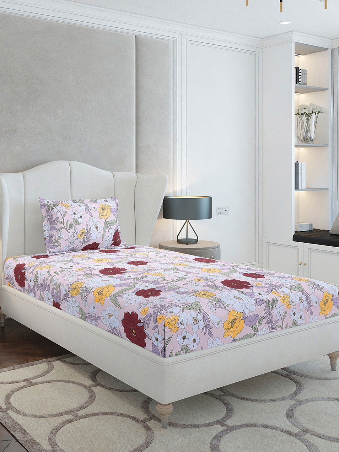 Monte Carlo Pink Floral Cotton 104 TC Single Bedsheet with a Pillow Cover-60 x 88 inches