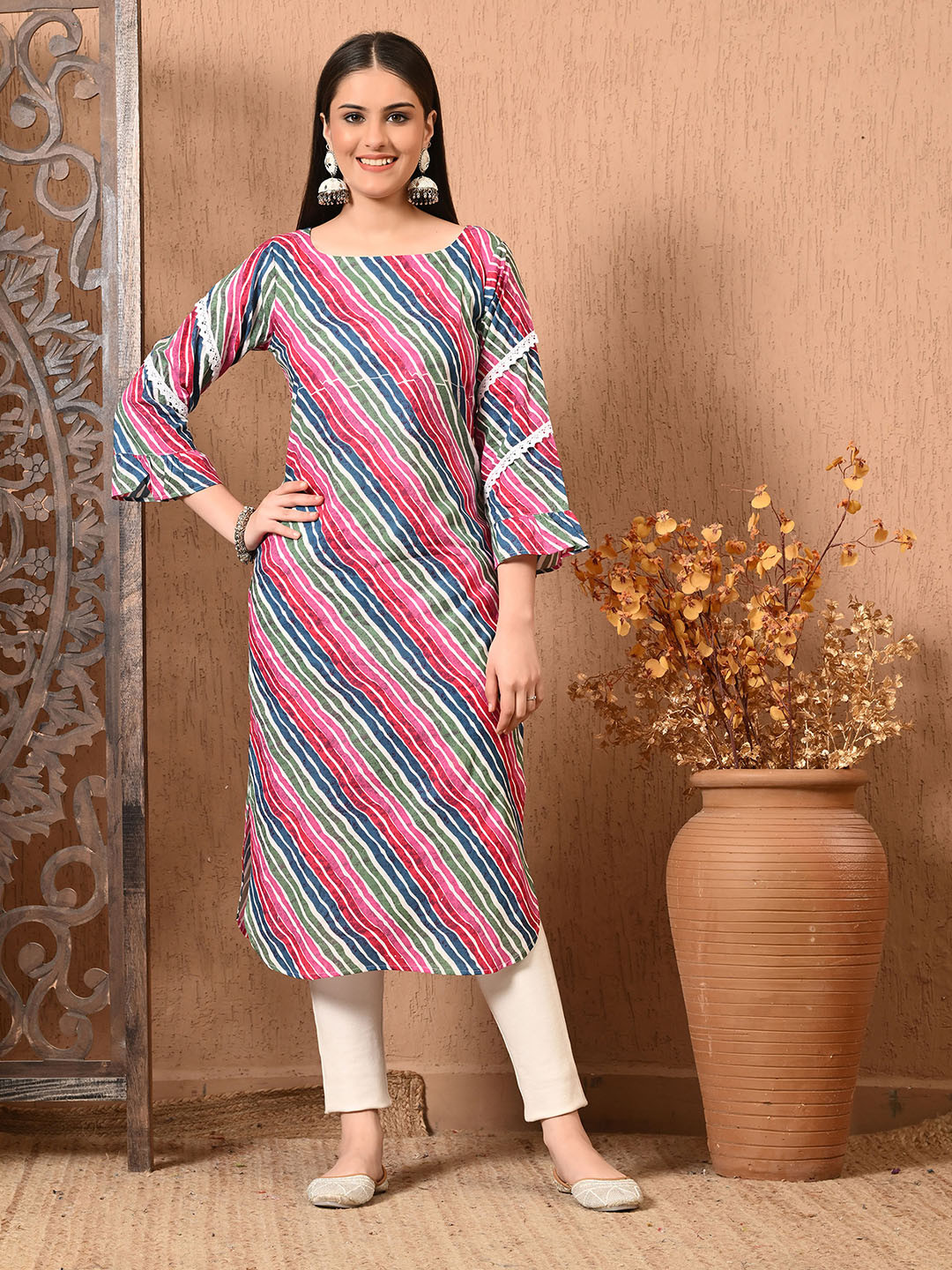 Lavantika Striped Round Neck Pure Cotton Straight Kurta