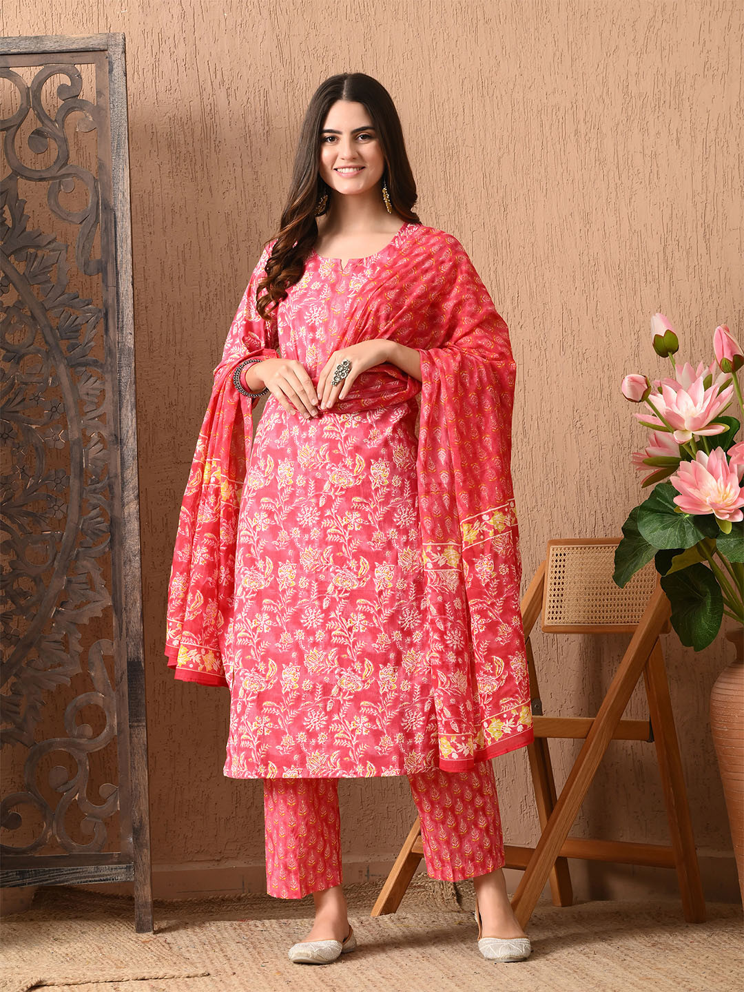Lavantika Pink Floral Printed Pure Cotton Kurta Set