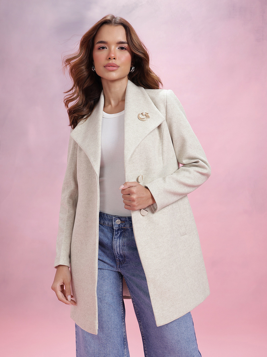 DressBerry Lapel Collar Grindle Effect Single-Breasted Overcoat