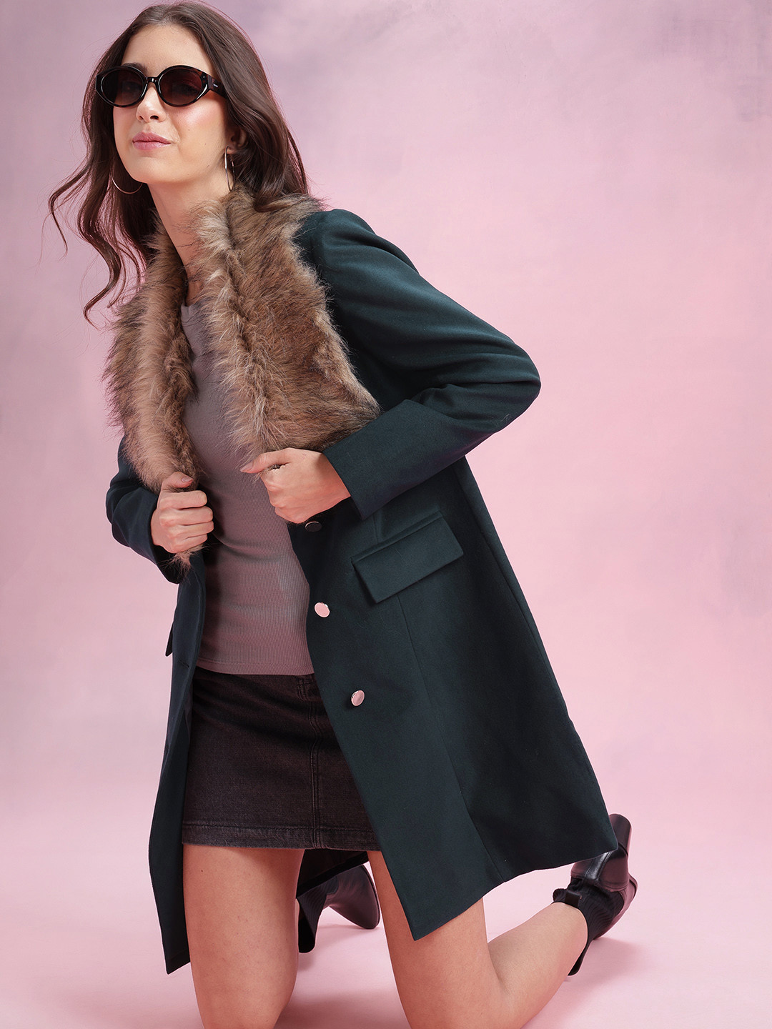 DressBerry Fur Shawl Collar Single-Breasted Overcoat
